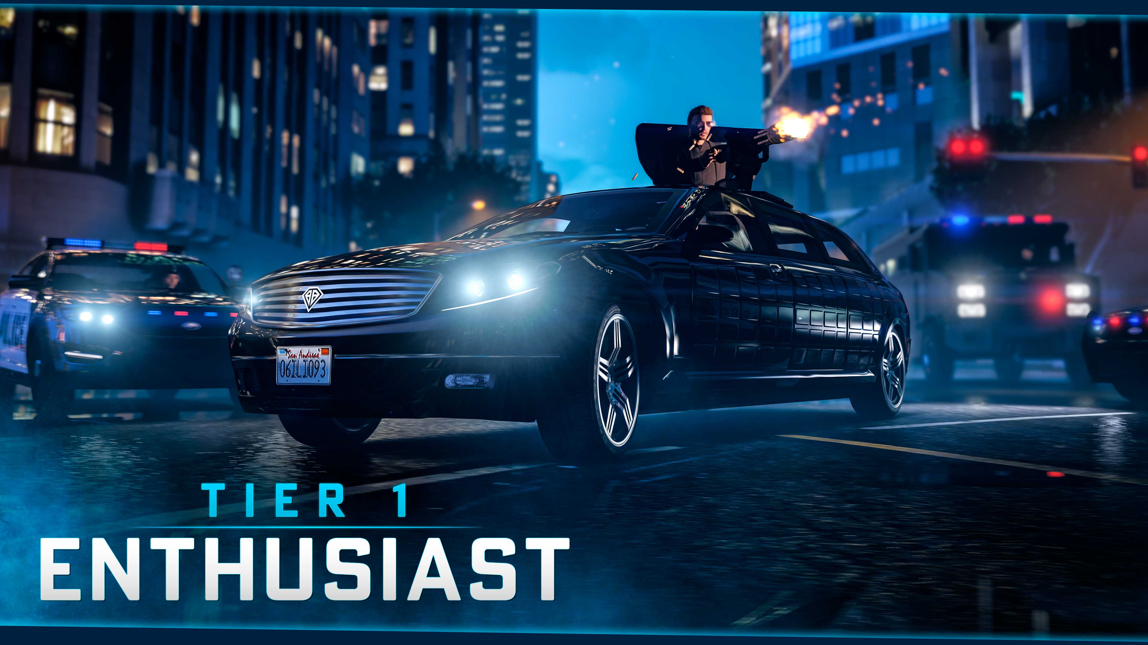 Tier 1 Enthusiast poster featuring a GTA Online character operating a heavy automatic weapon from the top of a black limousine as police cars give chase.  