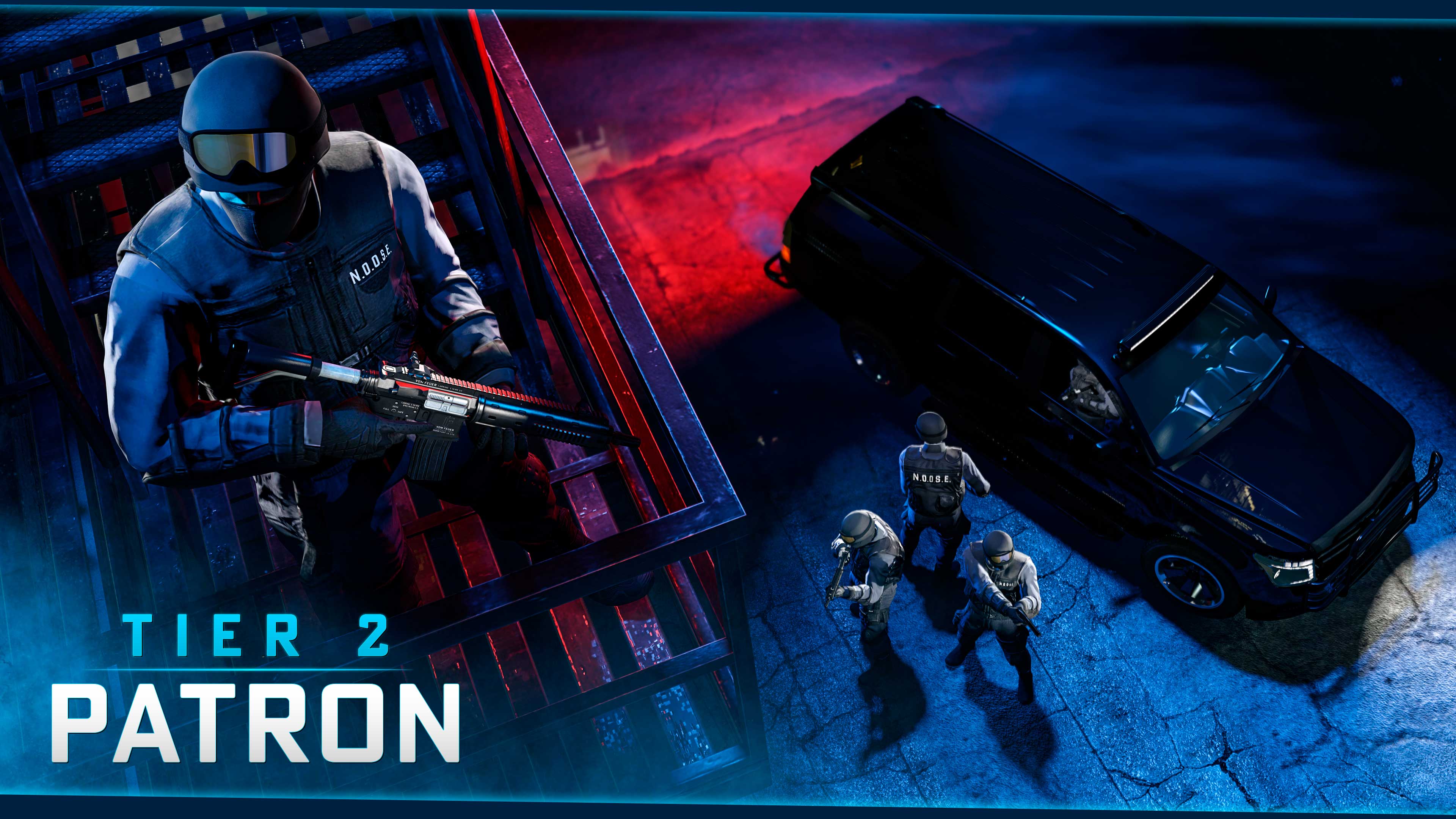 Tier 2 Patron poster featuring a NOOSE agent on a balcony as other agents below stand back to back with weapons drawn near a vehicle. 