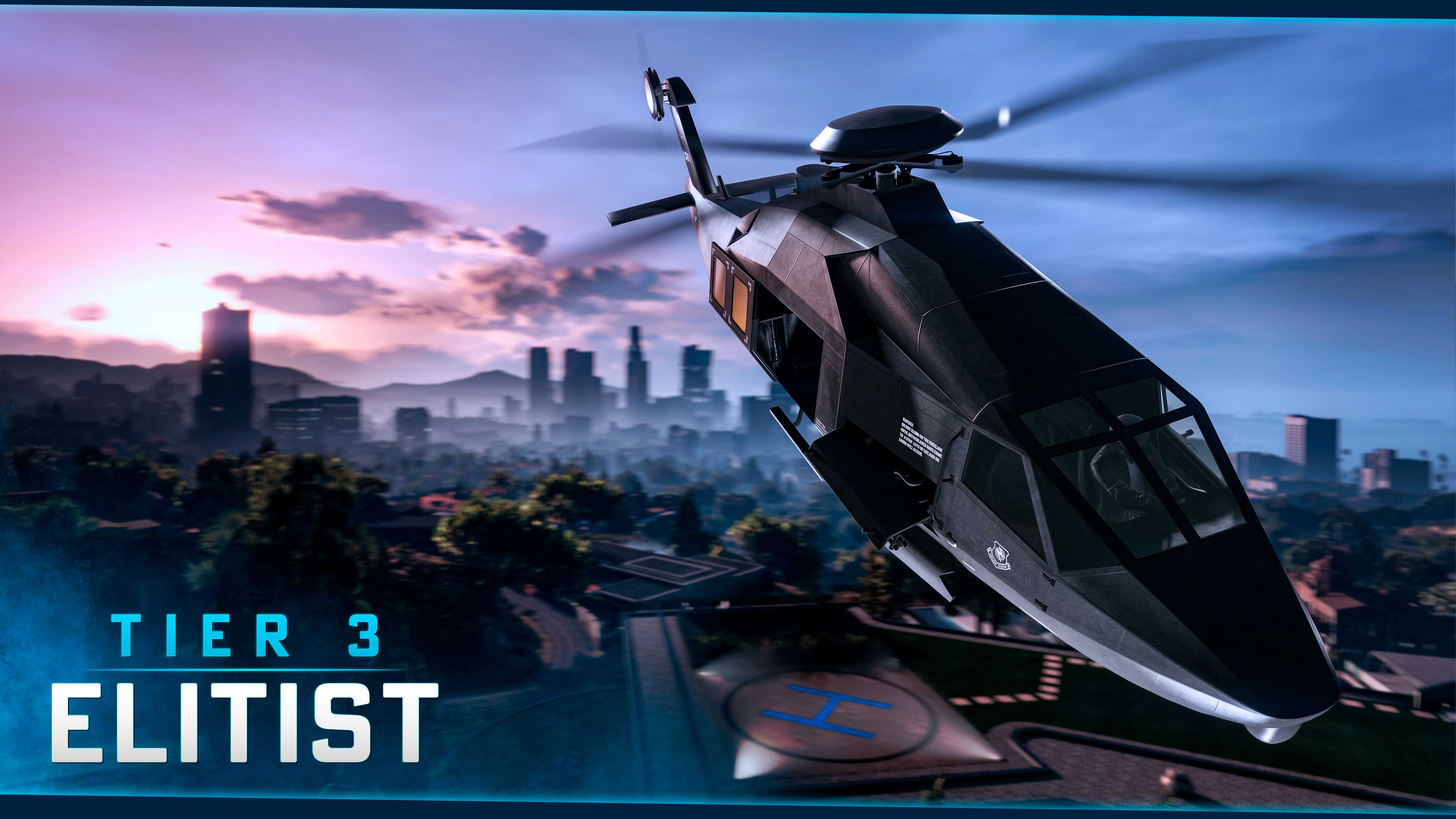 Tier 3 Elitist poster featuring a helicopter flying over a compound. 