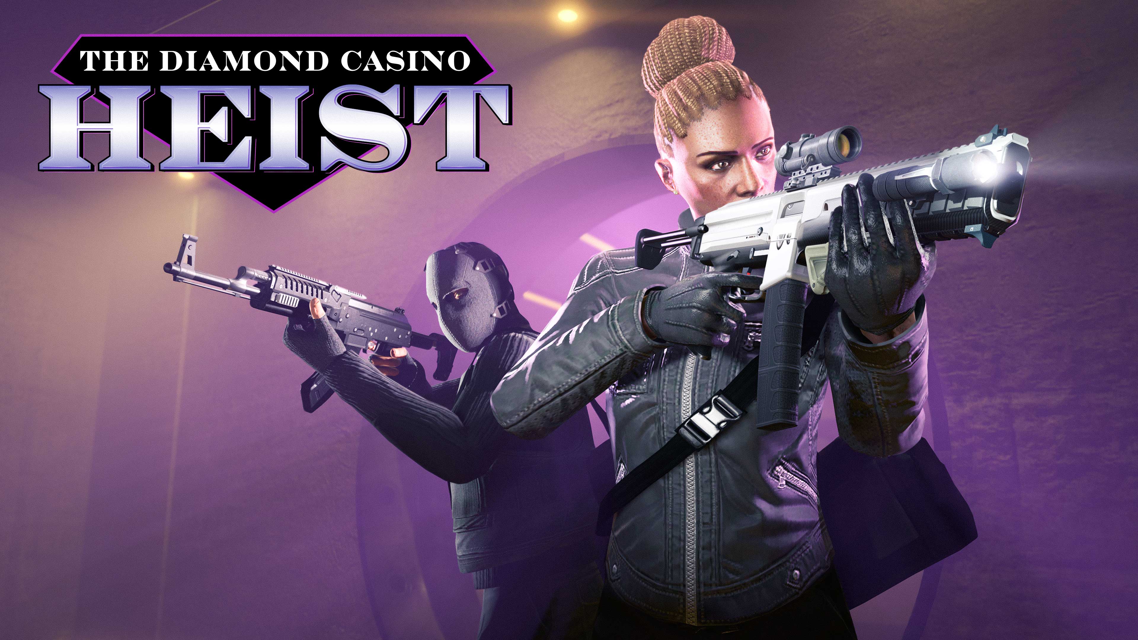 The Diamond Casino Heist poster with two armed GTA Online characters stepping through a fog-filled room. 