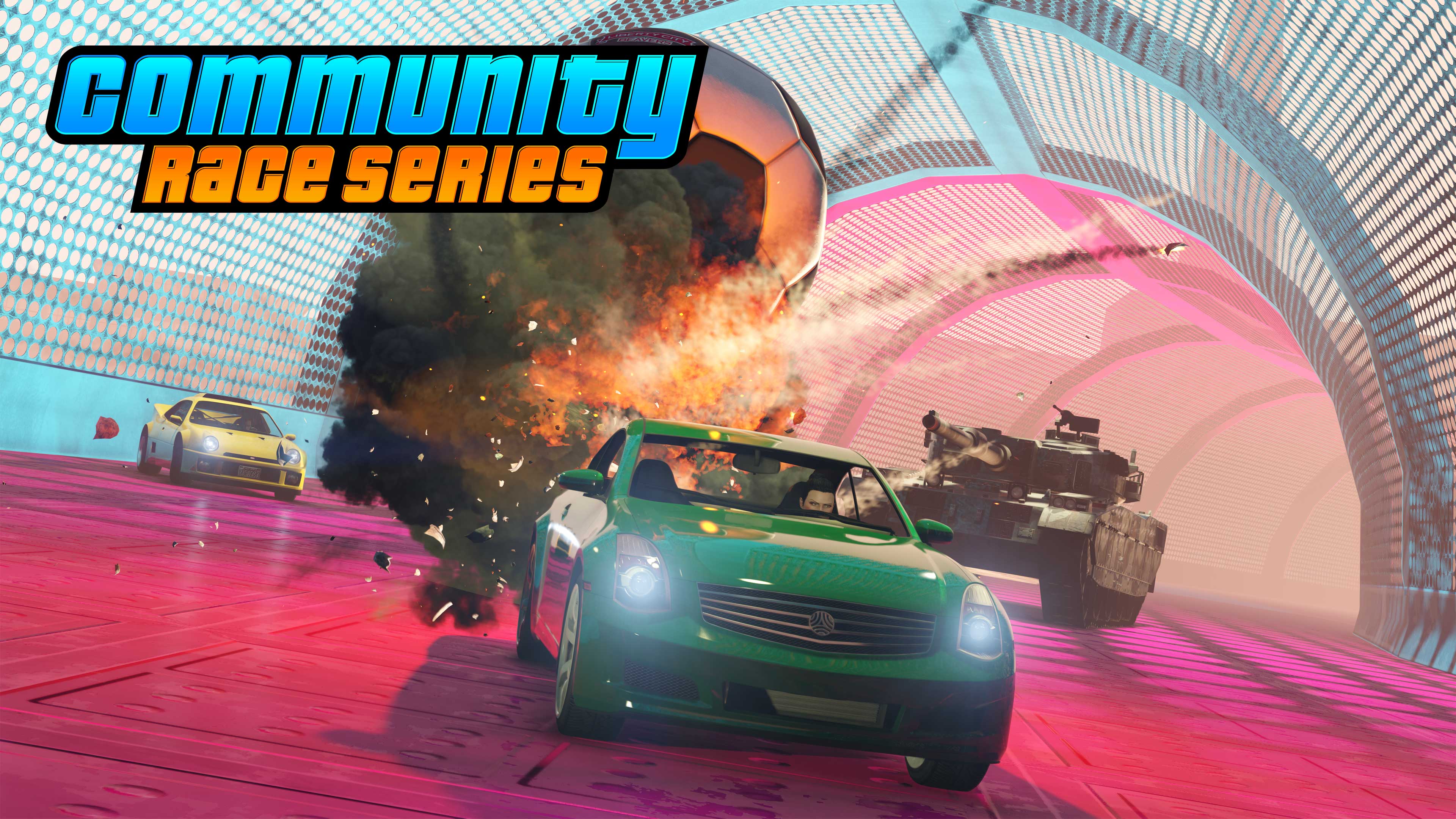 Community Race Series event poster with vehicles evading a tank as an explosion erupts. 
