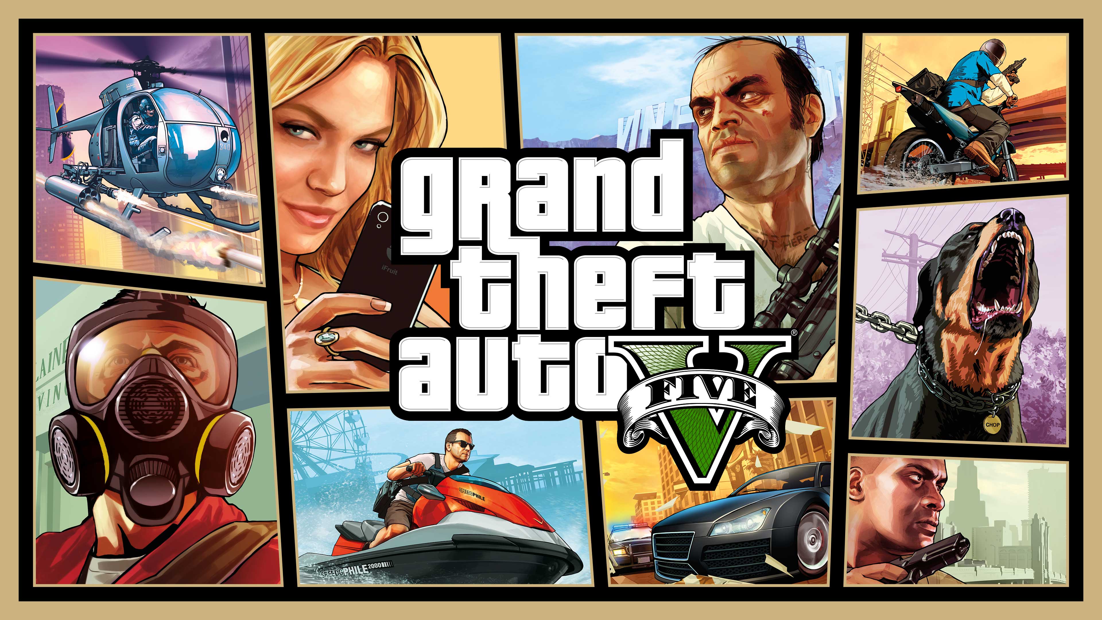 Grand Theft Auto 5 logo over GTA 5 artwork of various tiles with characters and scenes. 
