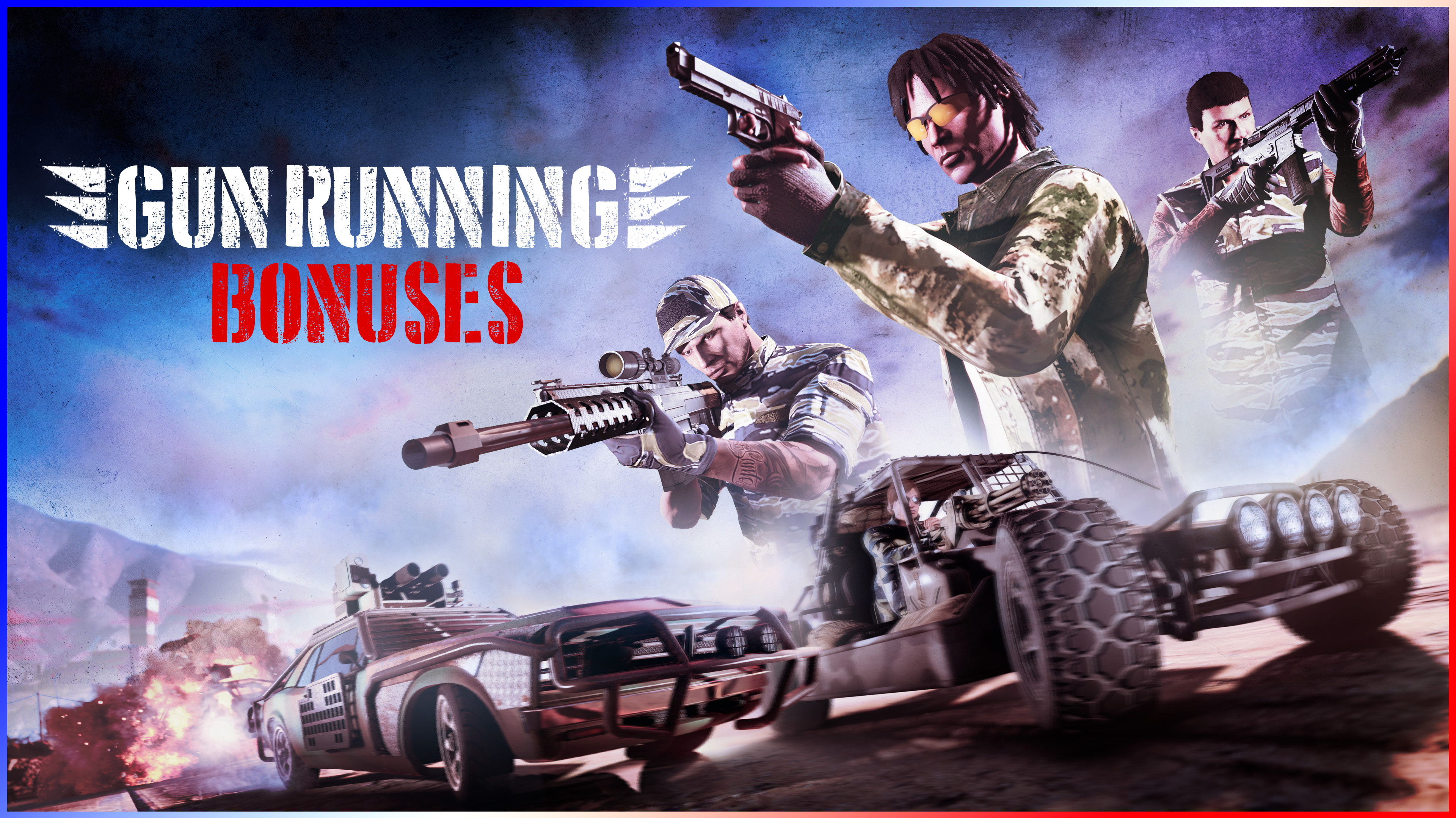 Gun Running Bonuses poster. The top half features three GTA Online characters aiming weapons against a background of the USA flag, and the bottom half shows a scene of modified, weaponized vehicles in chase. 