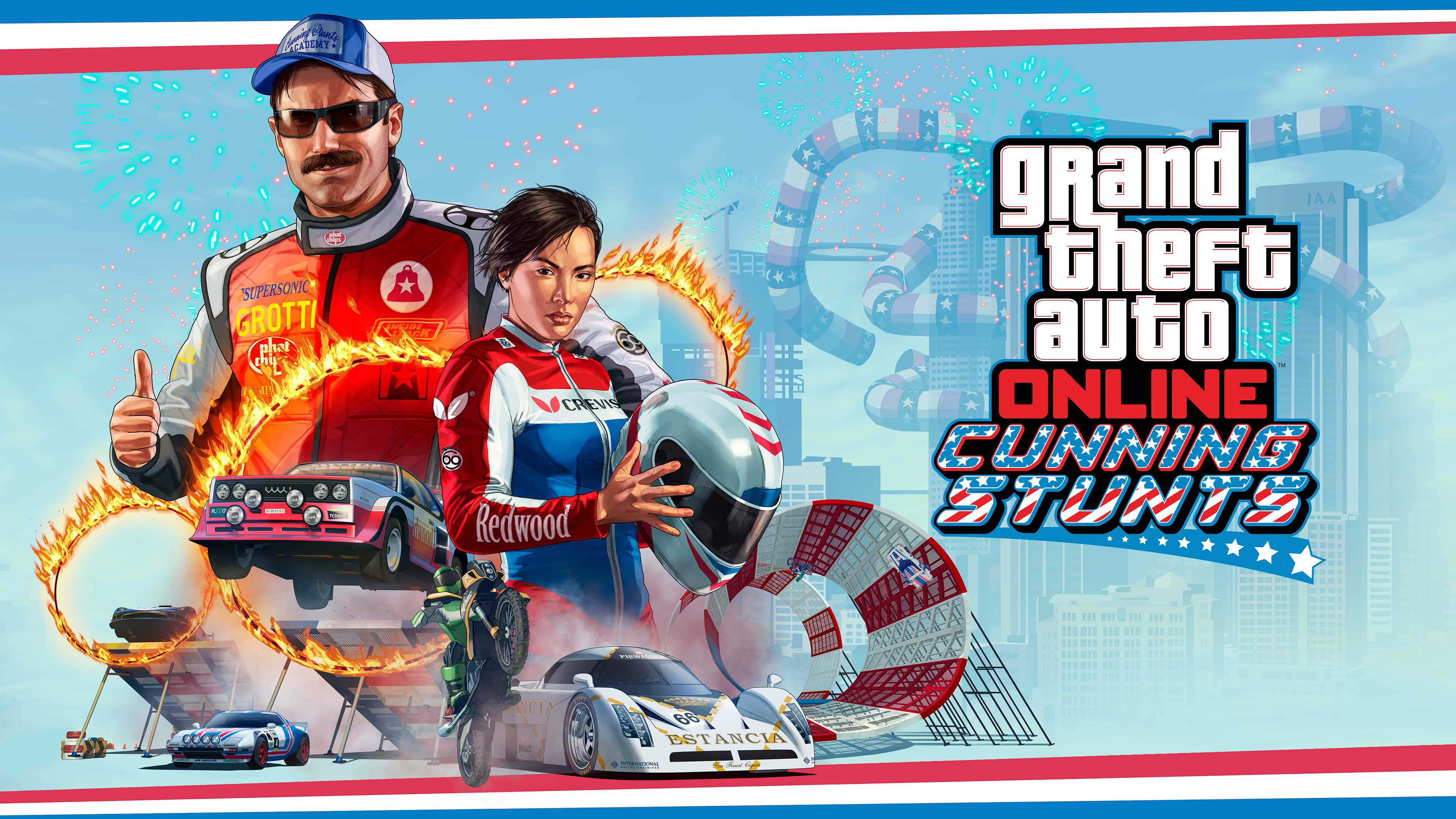 GTA Online Cunning Stunts poster featuring two stunt performers behind scenes of modified vehicles performing stunts off ramps, rings of fire, and driving upside down in large tunnels. 