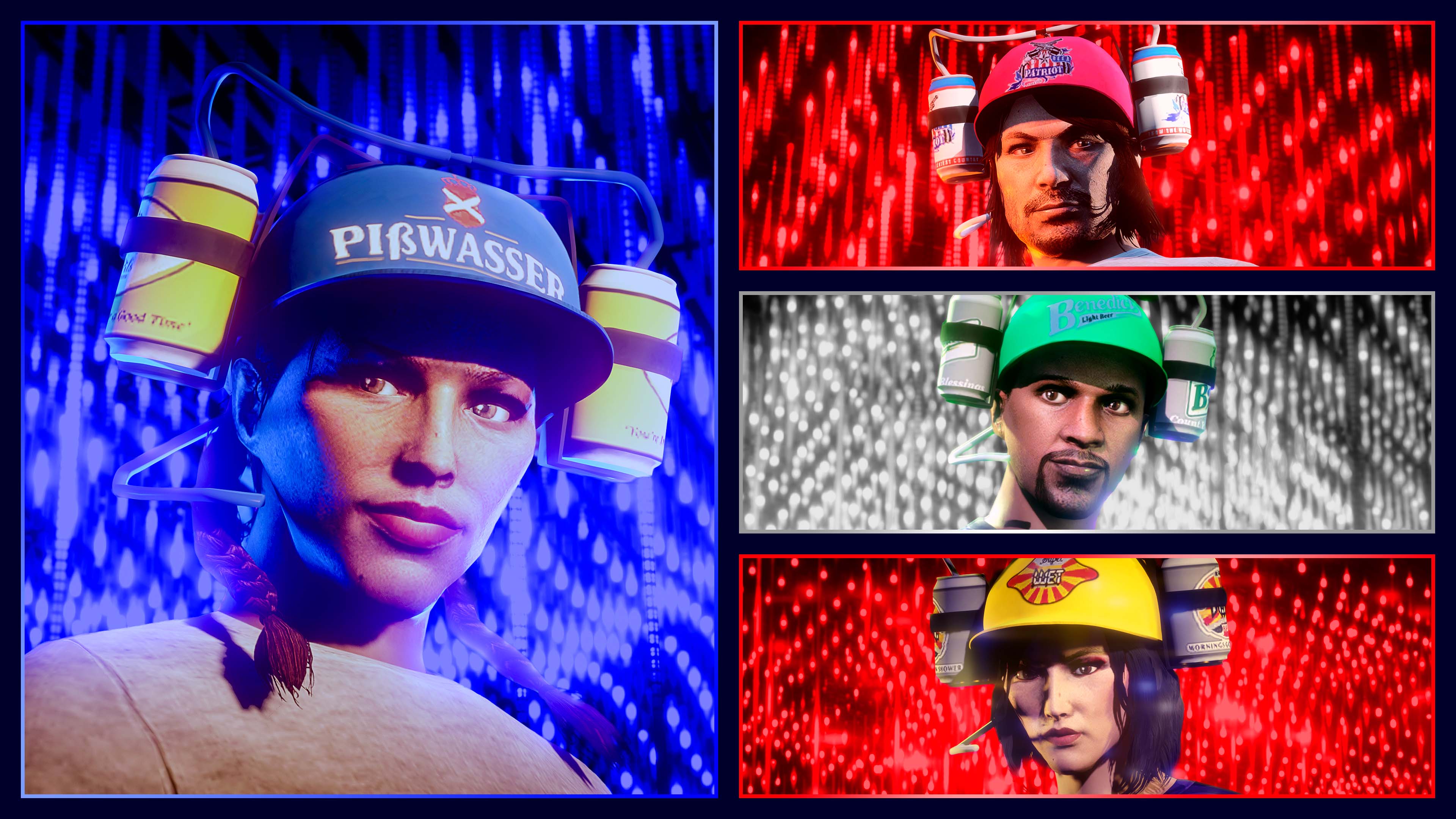 GTA Online characters model the blue Pißwasser, green Benedict, red Patriot, and yellow Supa Wet Beer Hats, framed in the style of the USA flag. 