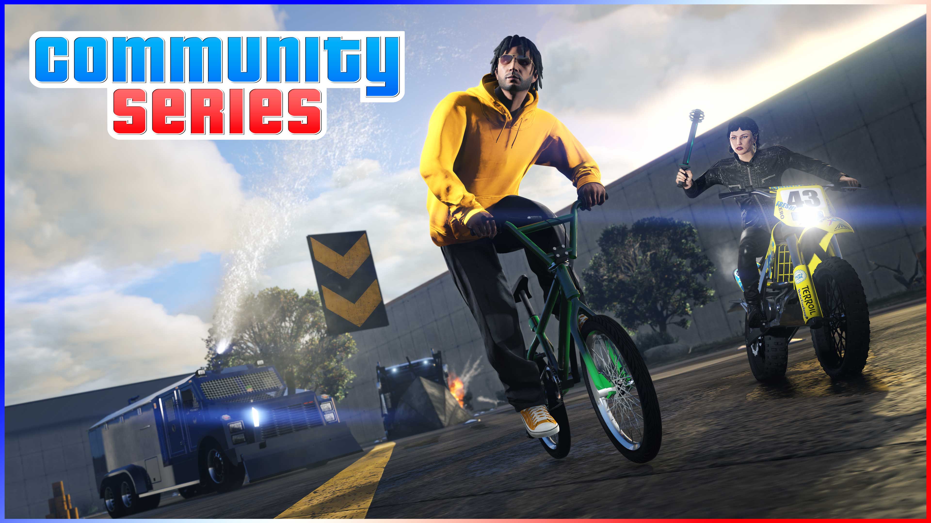 Community Series poster featuring a GTA Online character on a bicycle riding from another character on a motorcycle wielding a melee weapon, an armored truck, and a modified truck with a ramped scoop at the front. 