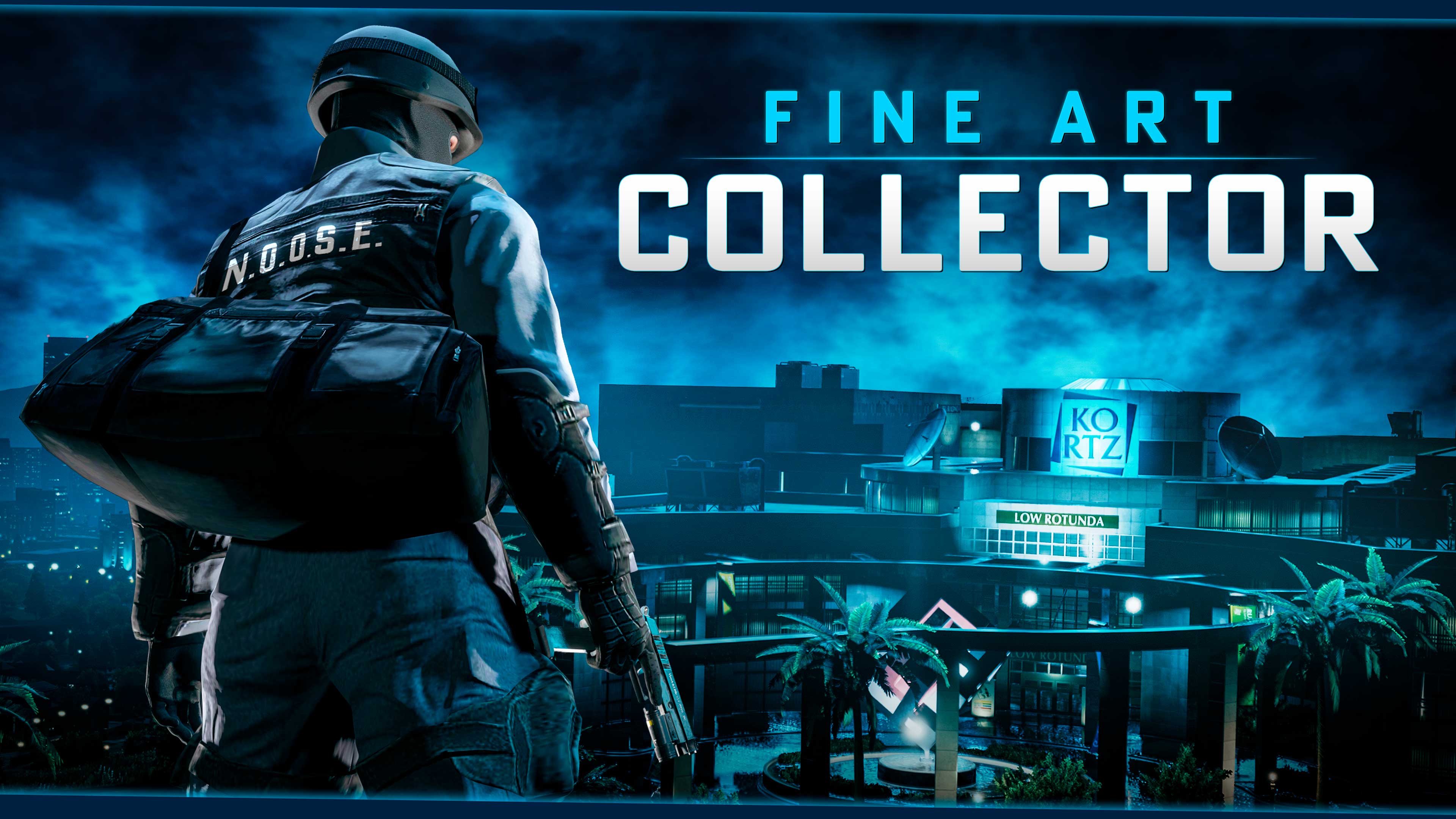 Fine Art Collector poster featuring a GTA Online character in a NOOSE outfit looking toward the Kortz Center. 