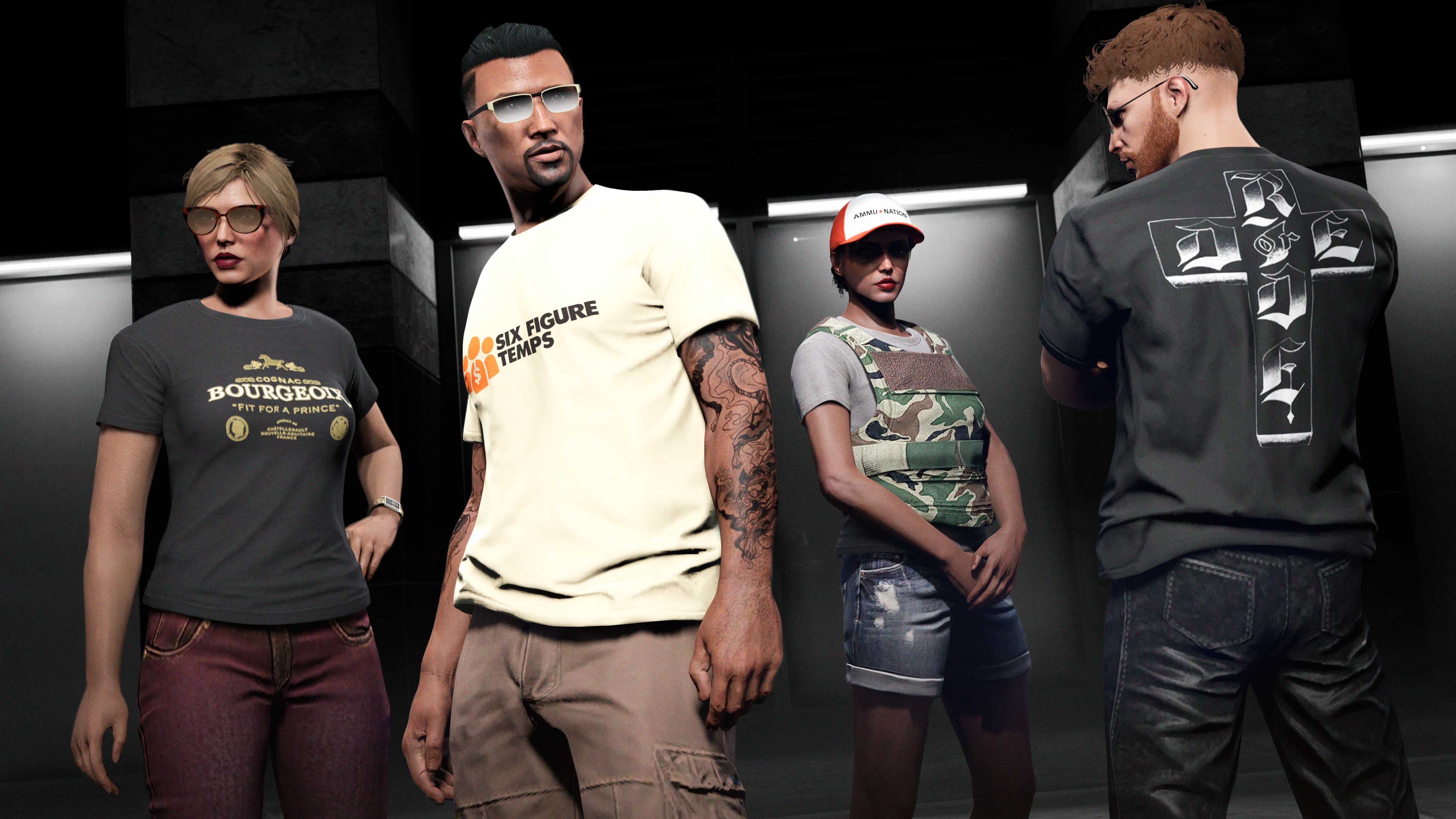 Four GTA Online characters wear some of the Brand Gear, including the Six Figure Tee, Ride or Die Tee, Red & White Ammu-Nation Cap, and Bourgeoix Tee. 