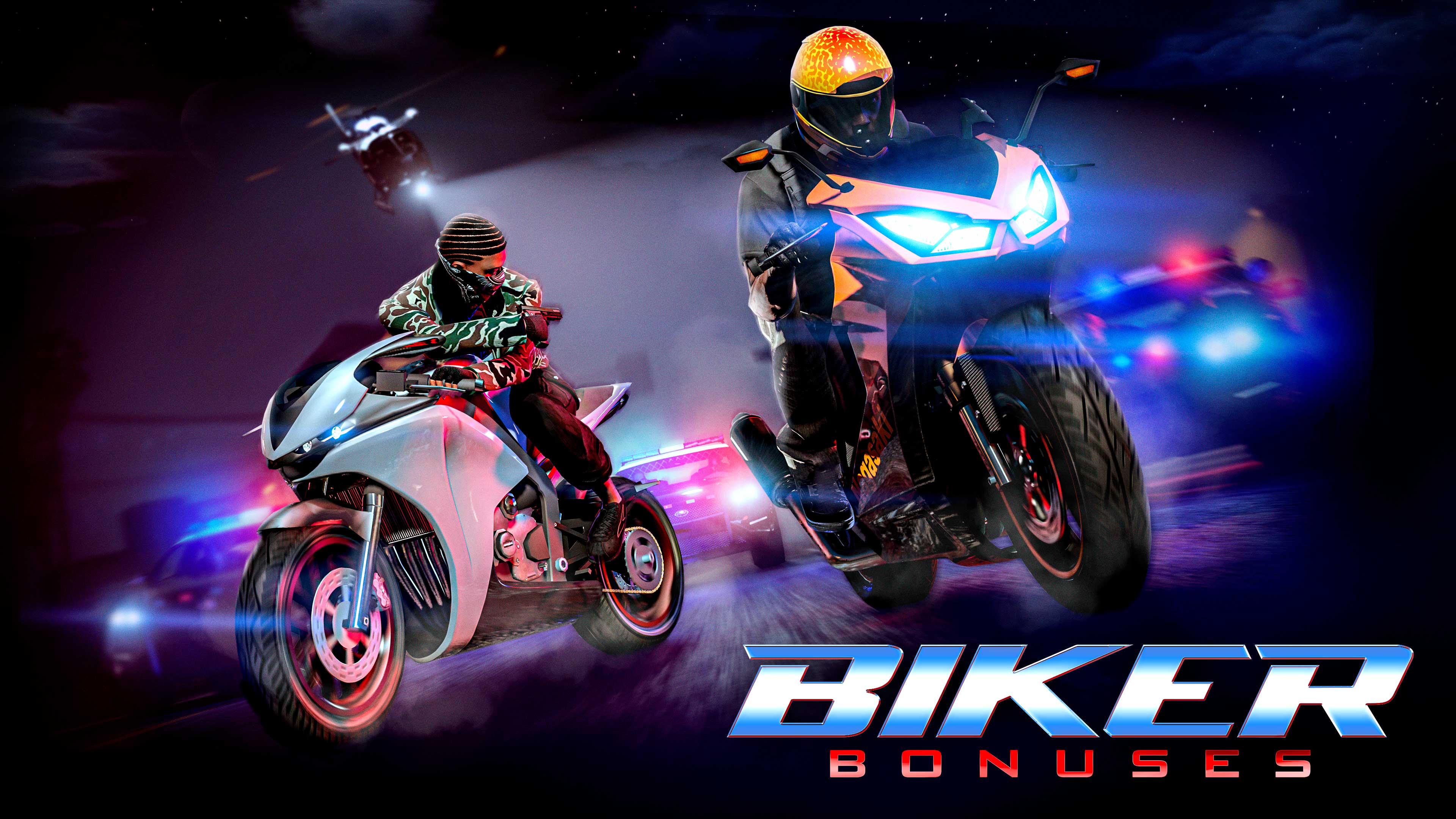 Biker Bonuses poster featuring two GTA Online characters on their motorcycles evading pursuing police. 