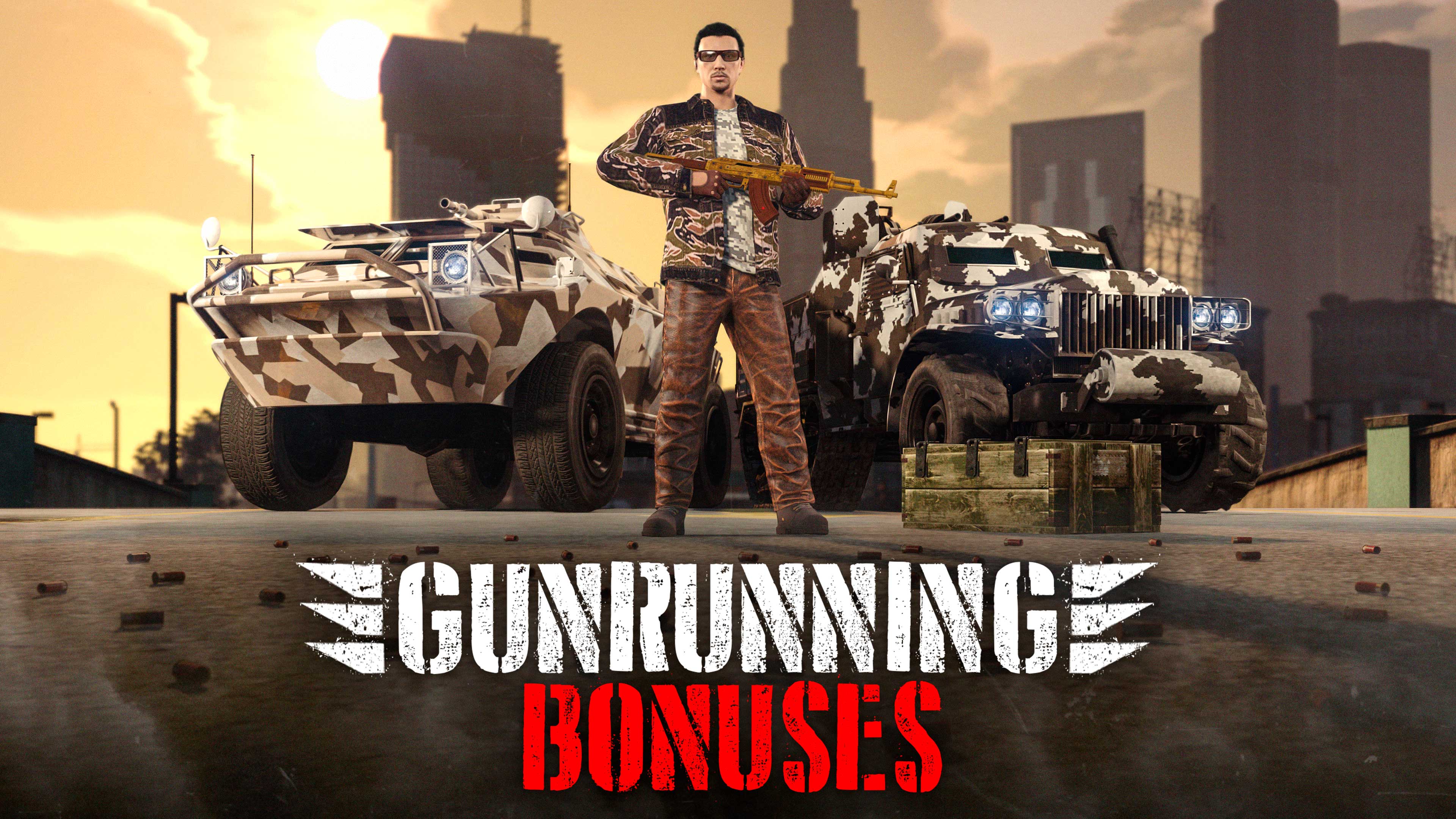 Gunrunning Bonuses poster featuring a GTA Online player holding a golden AK-47 with two military vehicles behind them. 