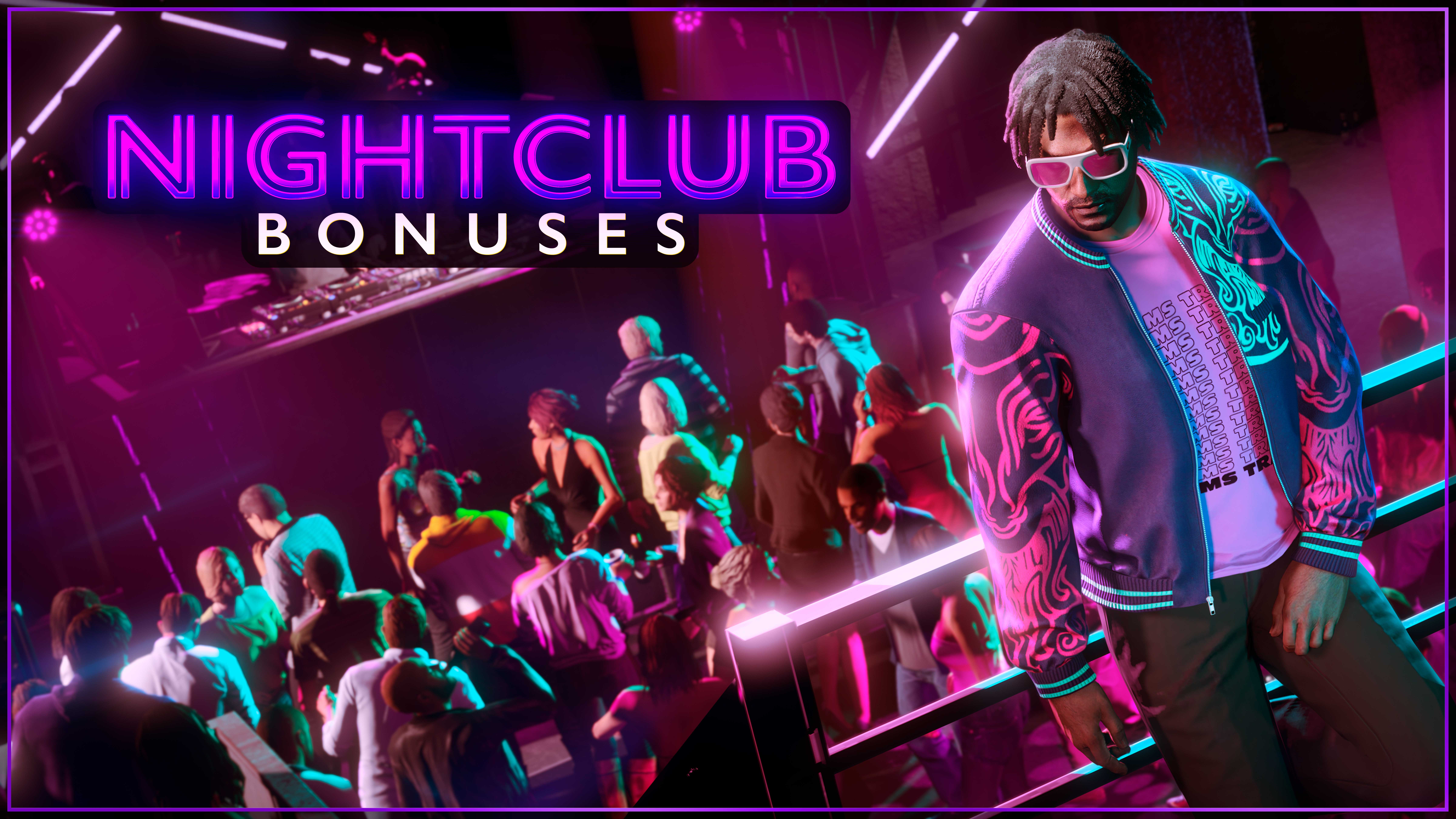 Nightclub Bonuses poster featuring a GTA Online character leaning on a railing as club-goers party on a dance floor below. 