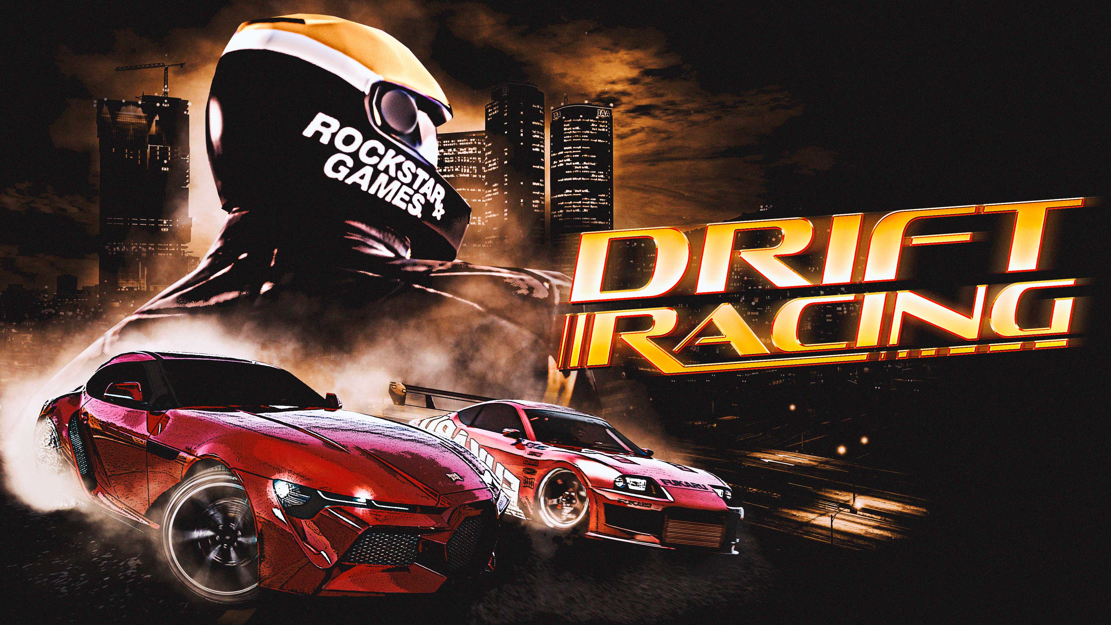 Drift Racing event poster featuring two cars drifting on a road and a GTA Online character in the background wearing a Rockstar Games racing helmet. 