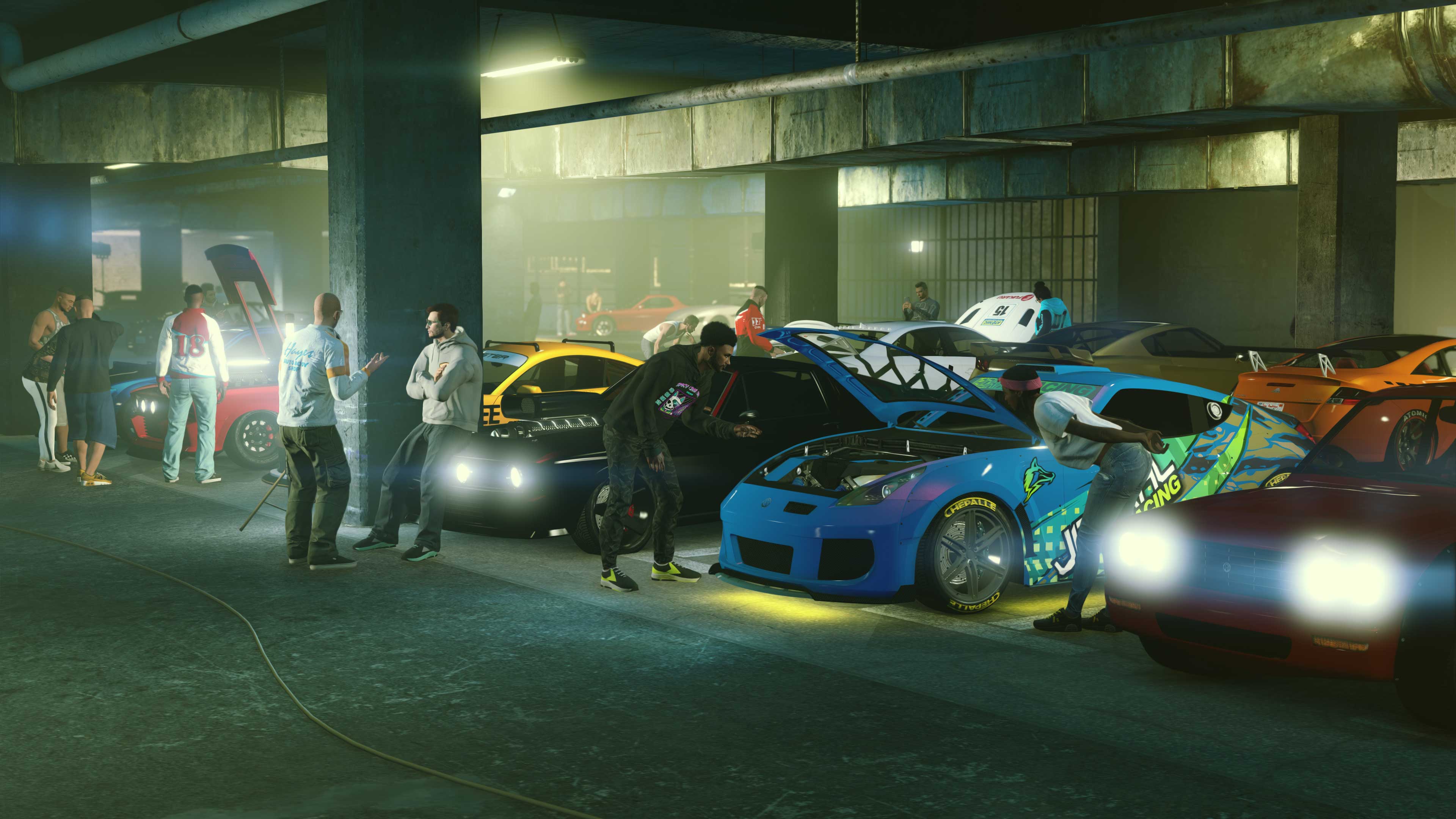 Modified cars and GTA Online characters at a car meet. 