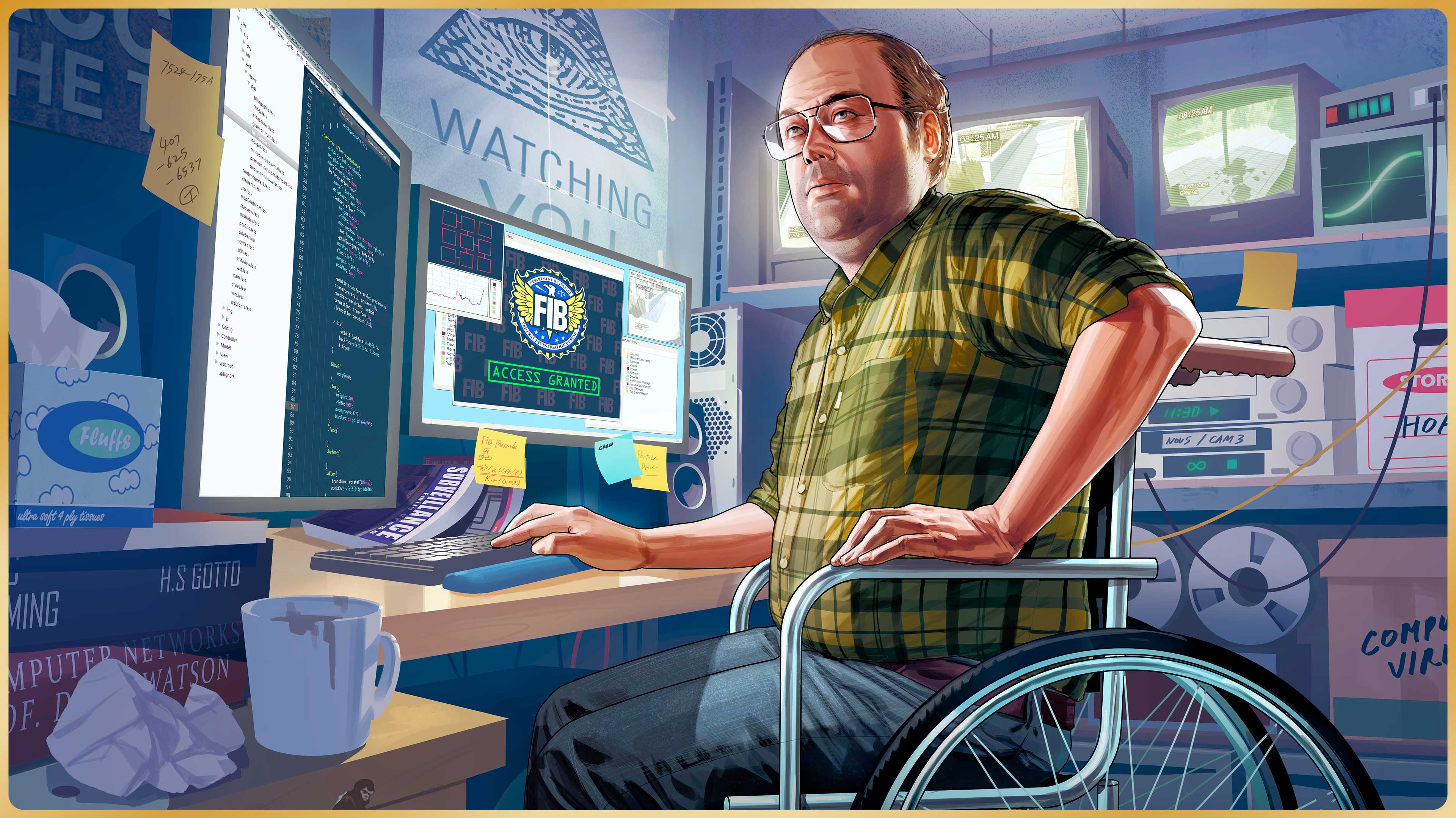 Lester Crest sitting in his wheelchair at his computer desk.  