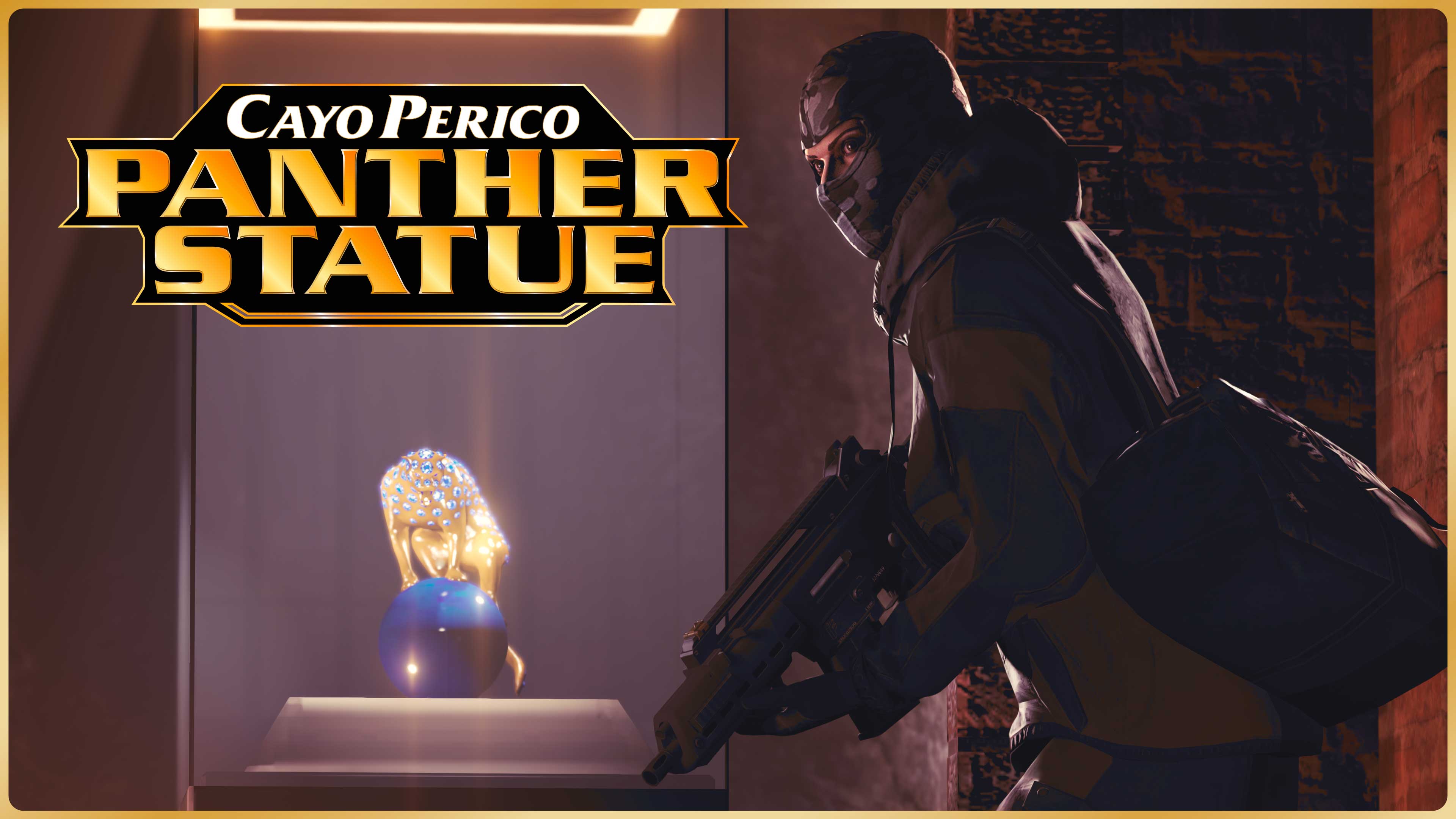Cayo Perico Panther Statue poster featuring a masked, armed character approaching a statue of a gold panther encrusted in blue gems sitting atop a blue orb. 