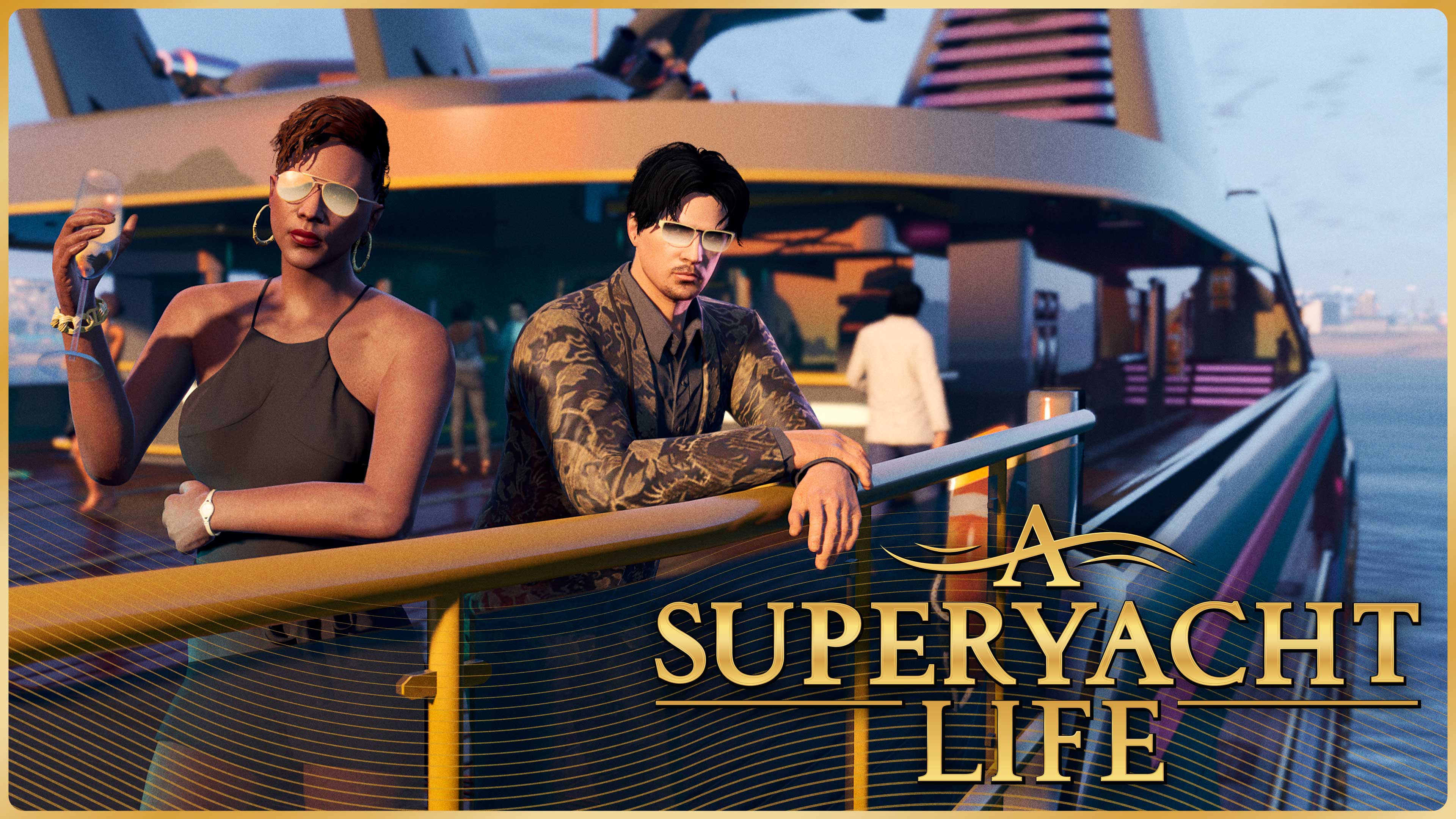 A Superyacht Life poster featuring two characters leaning on the railing of a yacht while wearing party attire. 