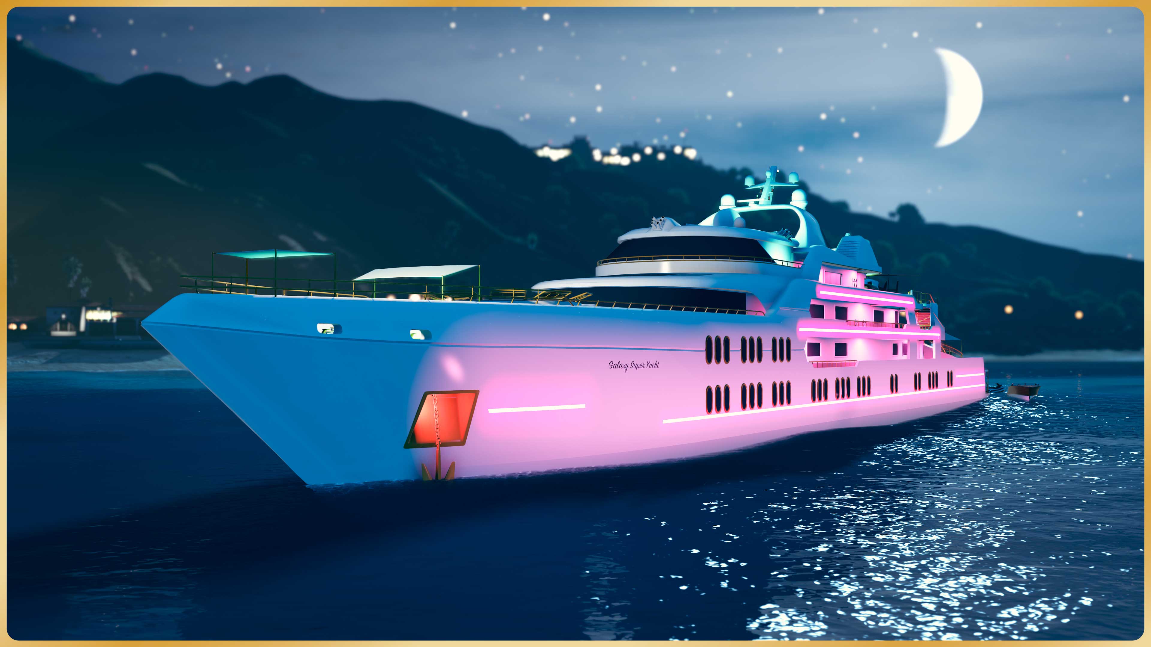 A large ship sails under the moon near a coastline. 