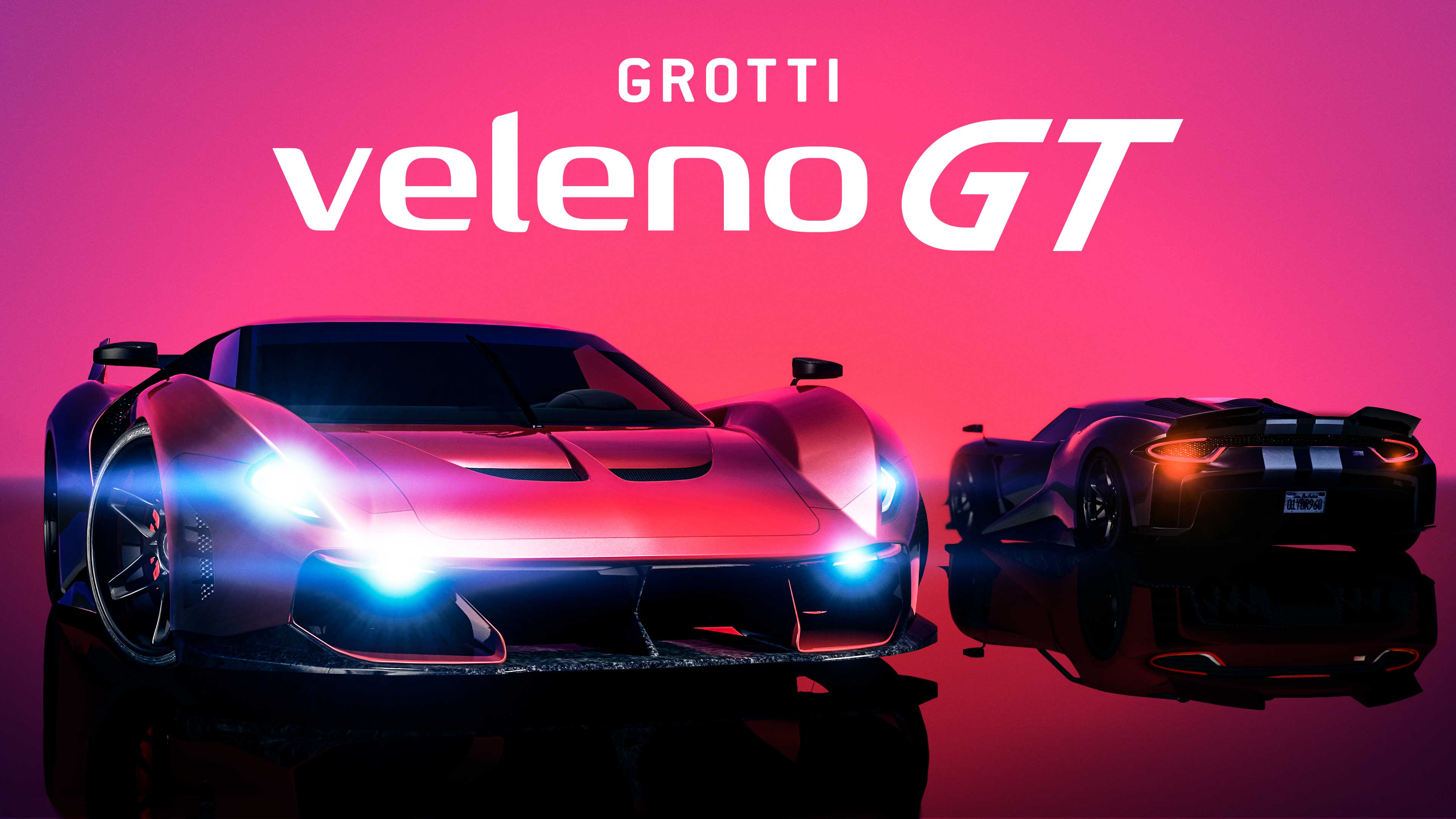 Poster for the Grotti Veleno GT car, featuring two versions of the car showcasing the hood and rear against a pink and purple sunburst background. 
