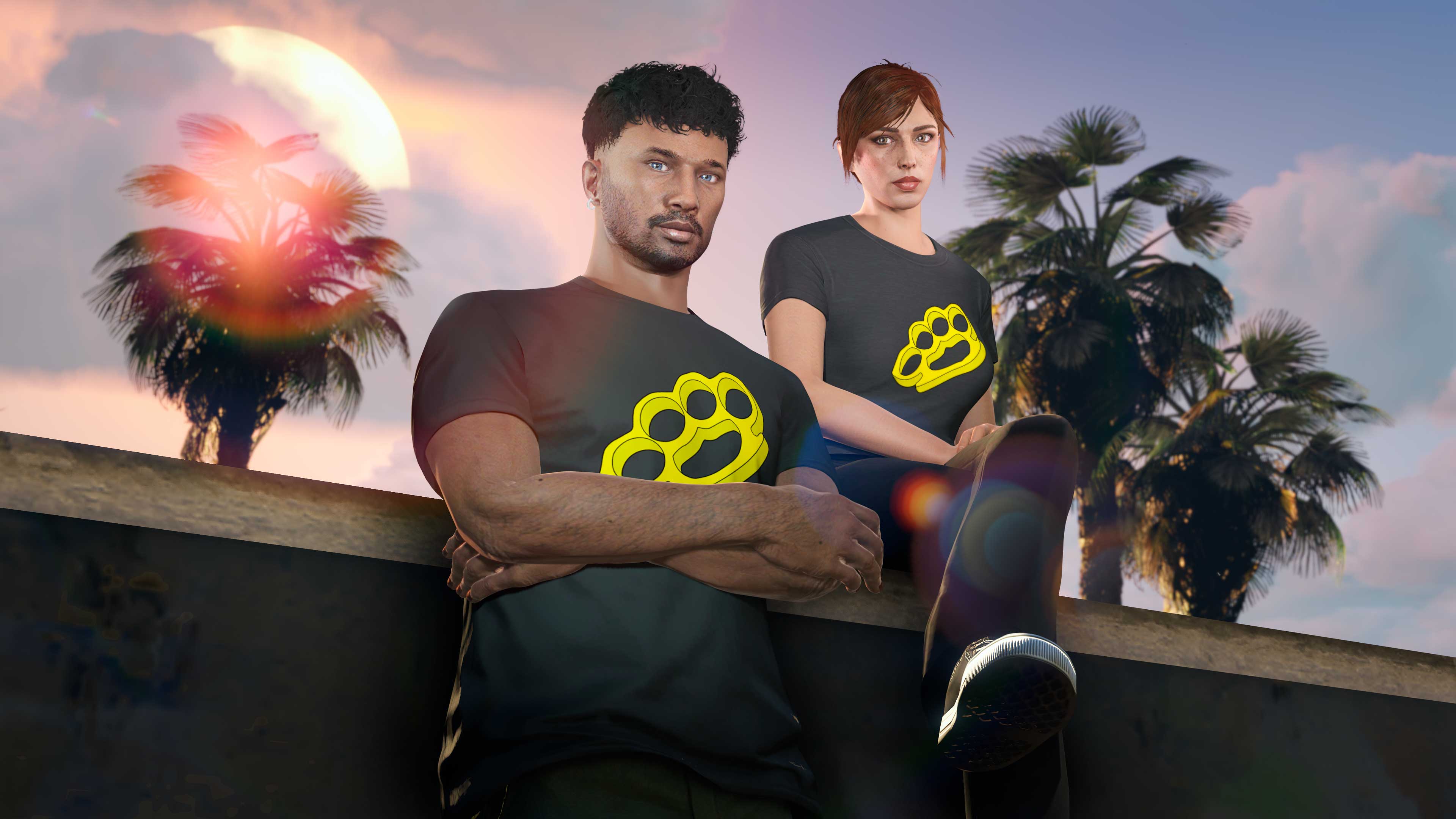 Two GTA Online characters wearing the Knuckleduster Tee. 