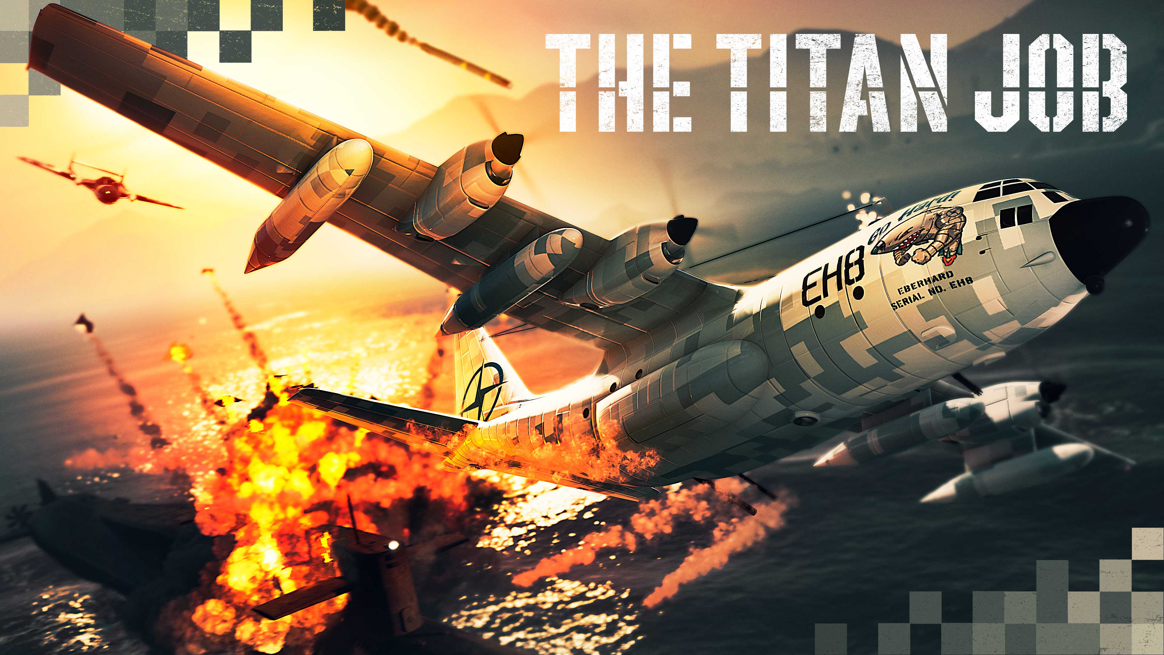 The Titan Job poster featuring a Titan 250 D aircraft flying away from an exploding ship on the ocean. 