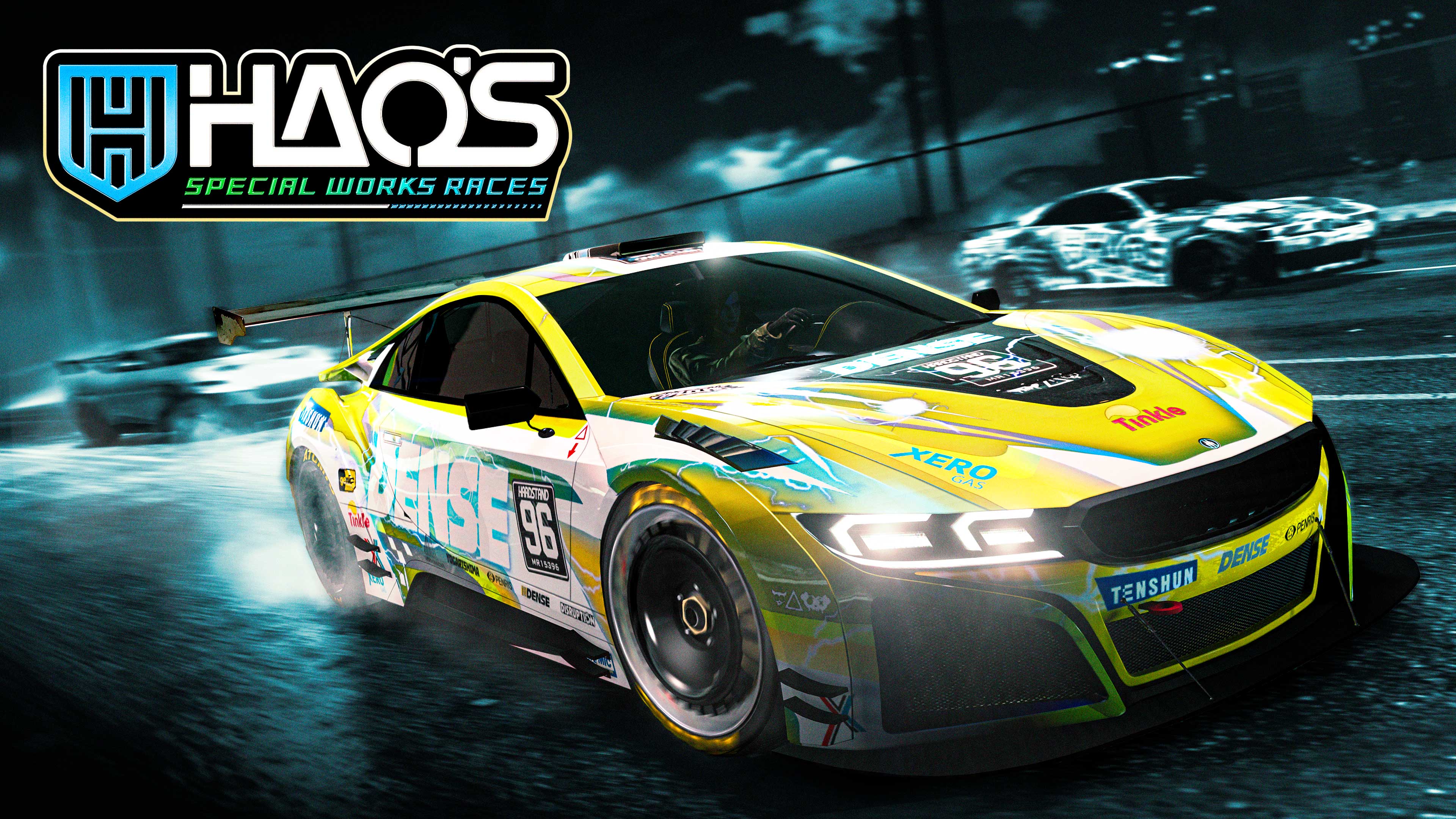 Hao’s Special Works Races poster featuring customized vehicles street racing.    