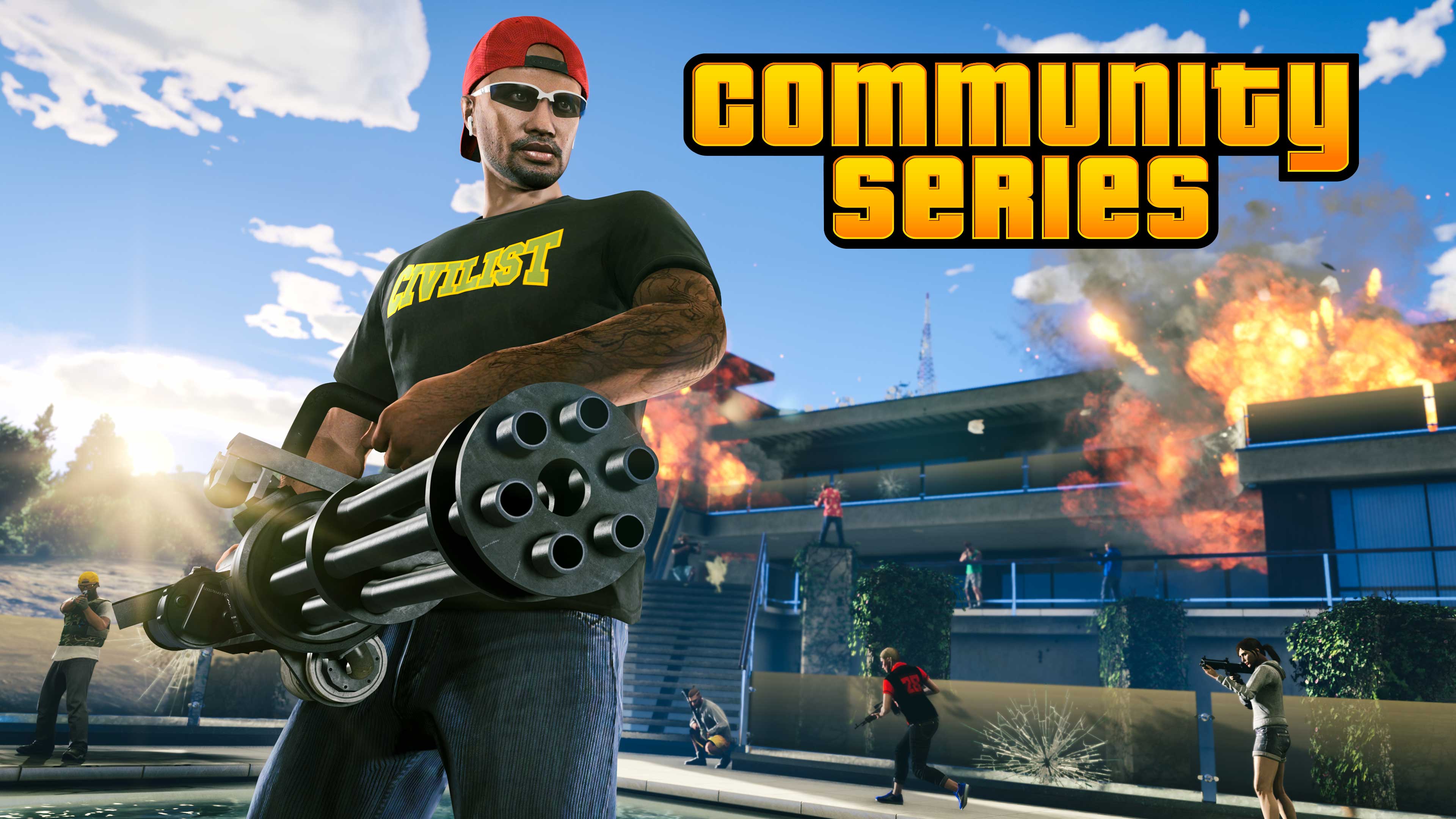 Community Series event poster featuring a GTA Online character firing a large minigun as a building explodes in the background. Other characters fire weapons nearby. 
