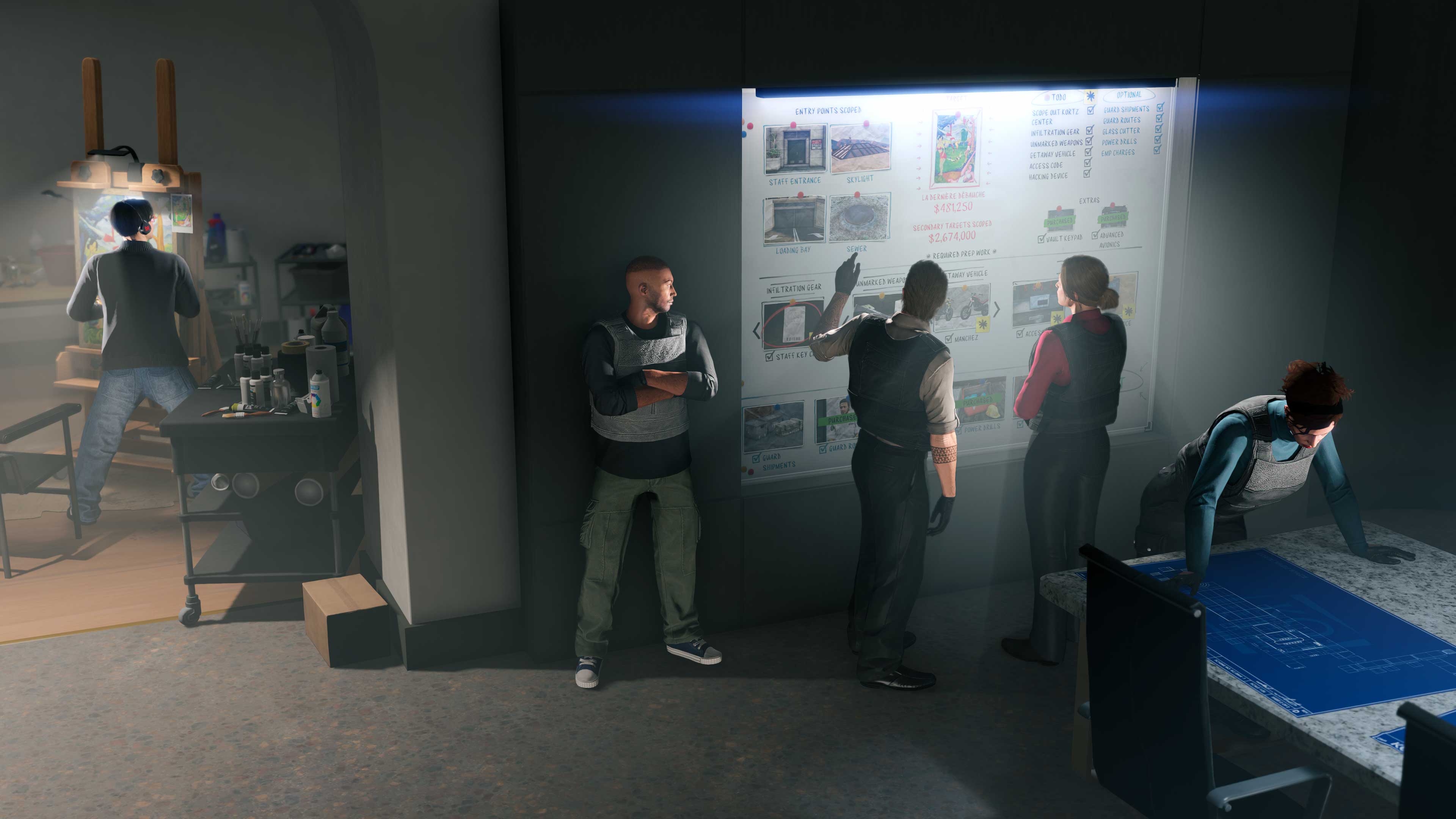 In an art studio, a counterfeiter works. Nearby, geared-up GTA Online characters plan a heist on a whiteboard and laid-out blueprint. 