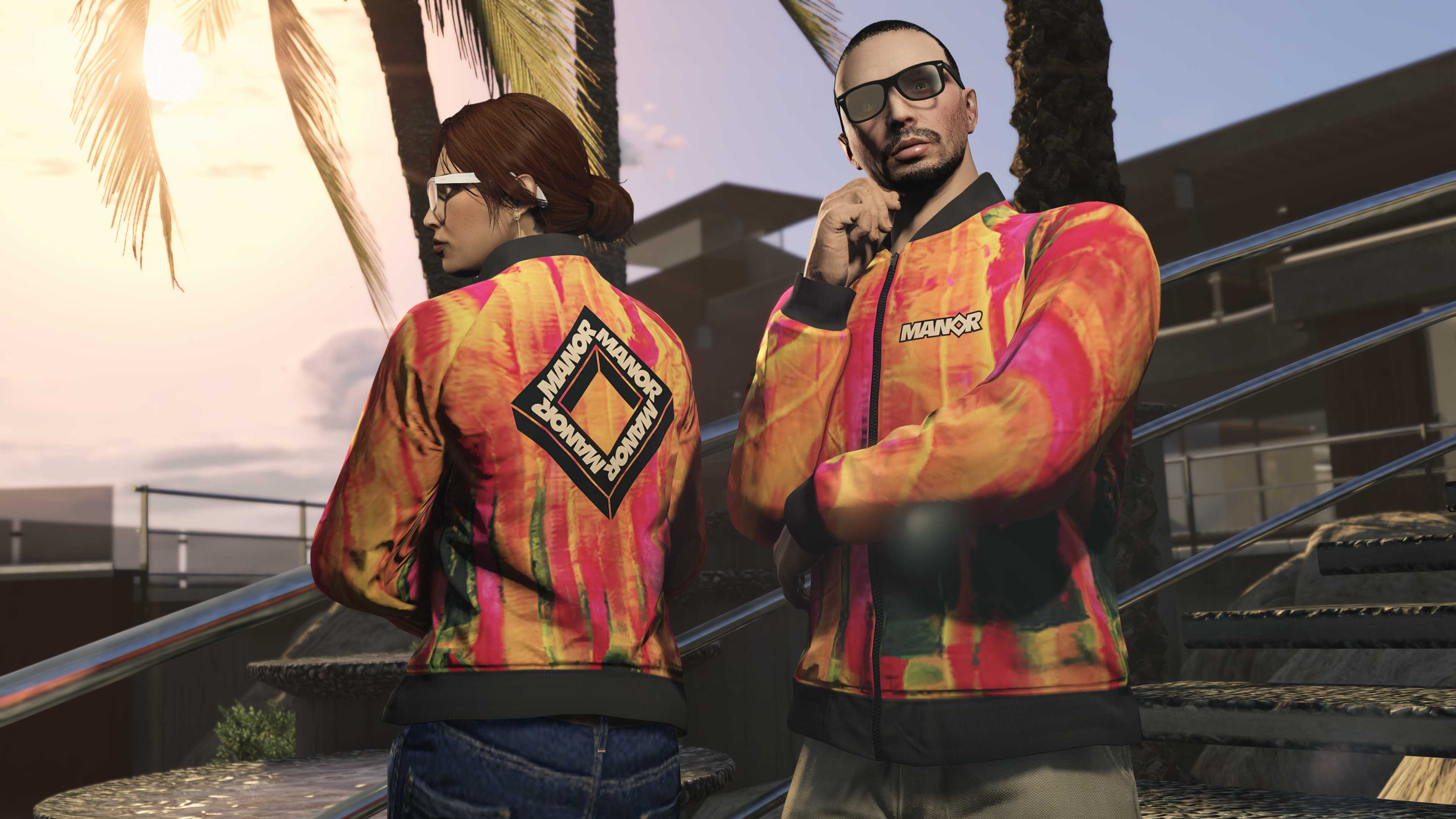 Two GTA Online characters wear the Orange Manor Bomber Zipped jacket. 