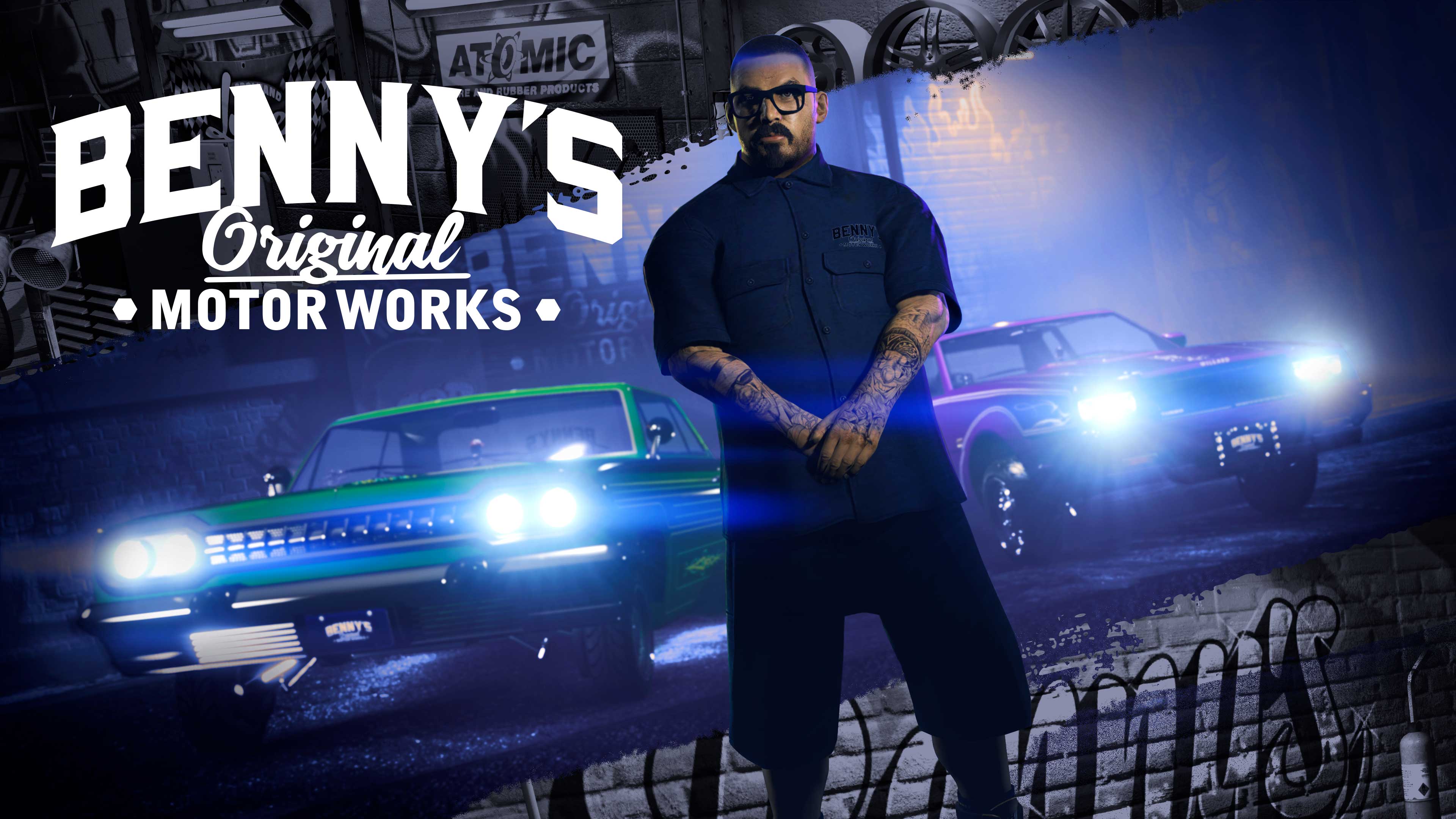Benny stands near a car outside Benny's Original Motor Works. 