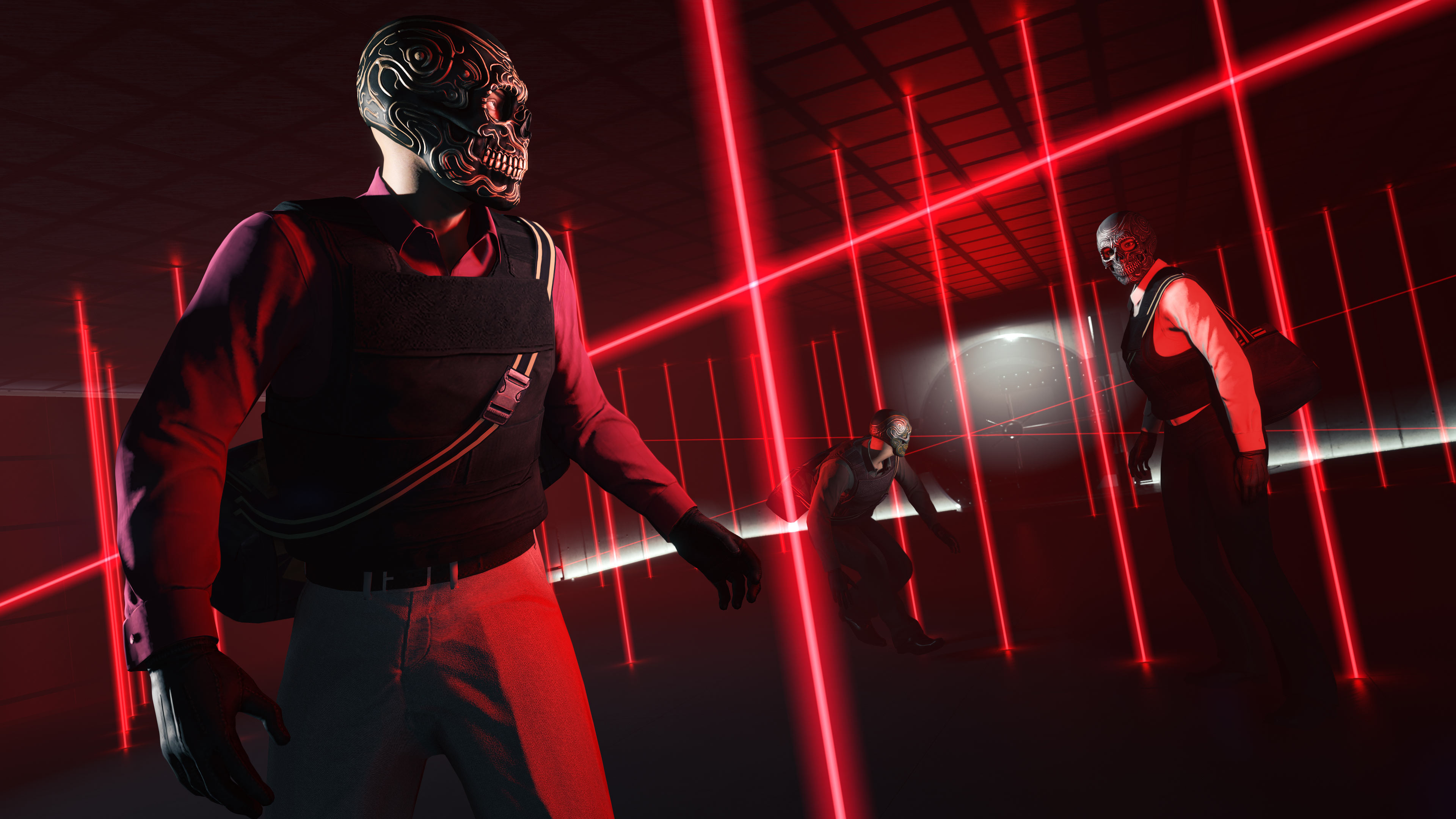 Masked GTA Online characters navigate through a room with red vertical and horizontal lasers. 
