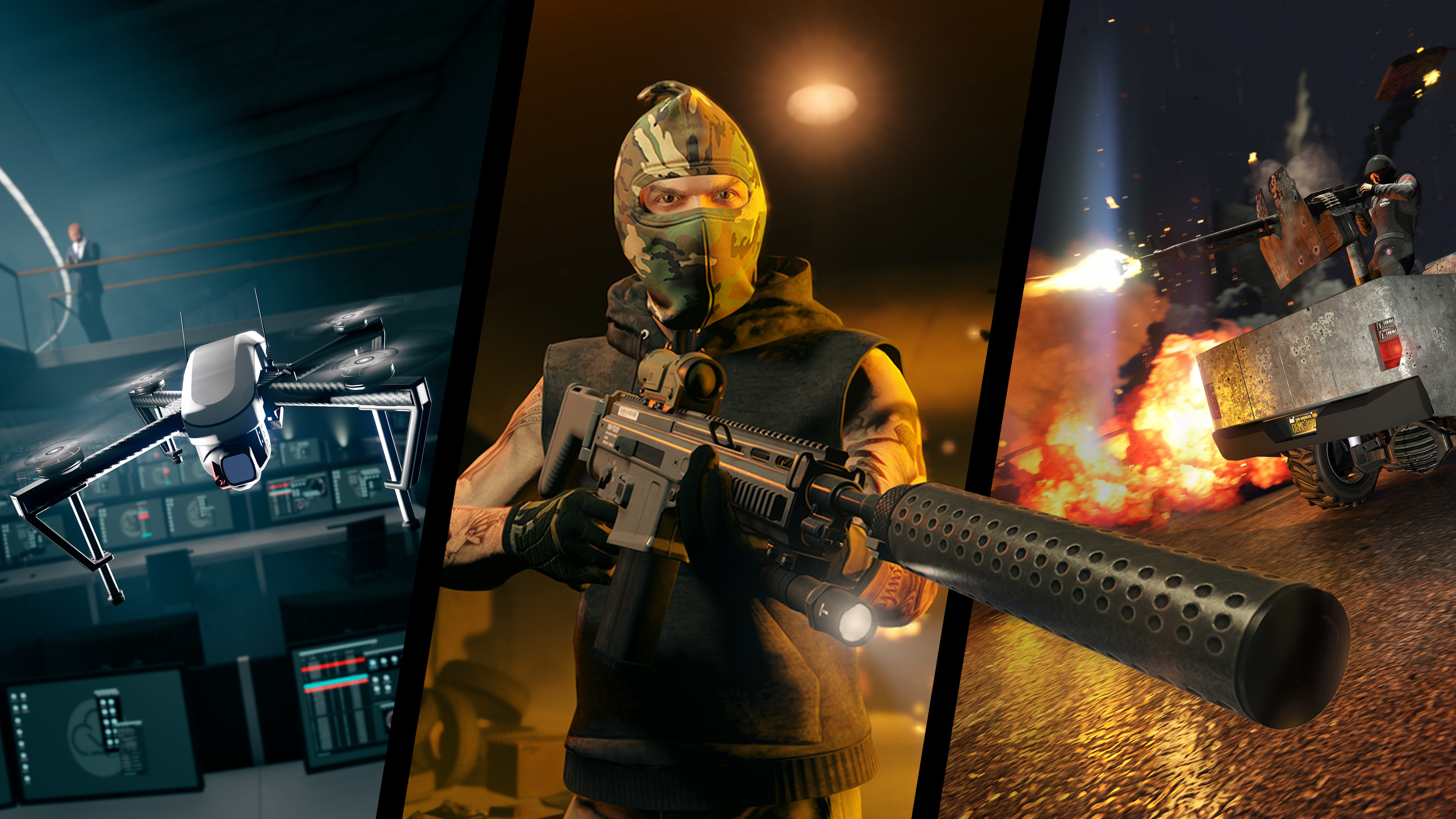 Three split images showing various action-packed scenes from a Heist. In the left image, a character operates a drone. In the middle image, a character aims a rifle off-screen. In the right image, a character fires a machine gun mounted on the back of a truck with an explosion in the background. 