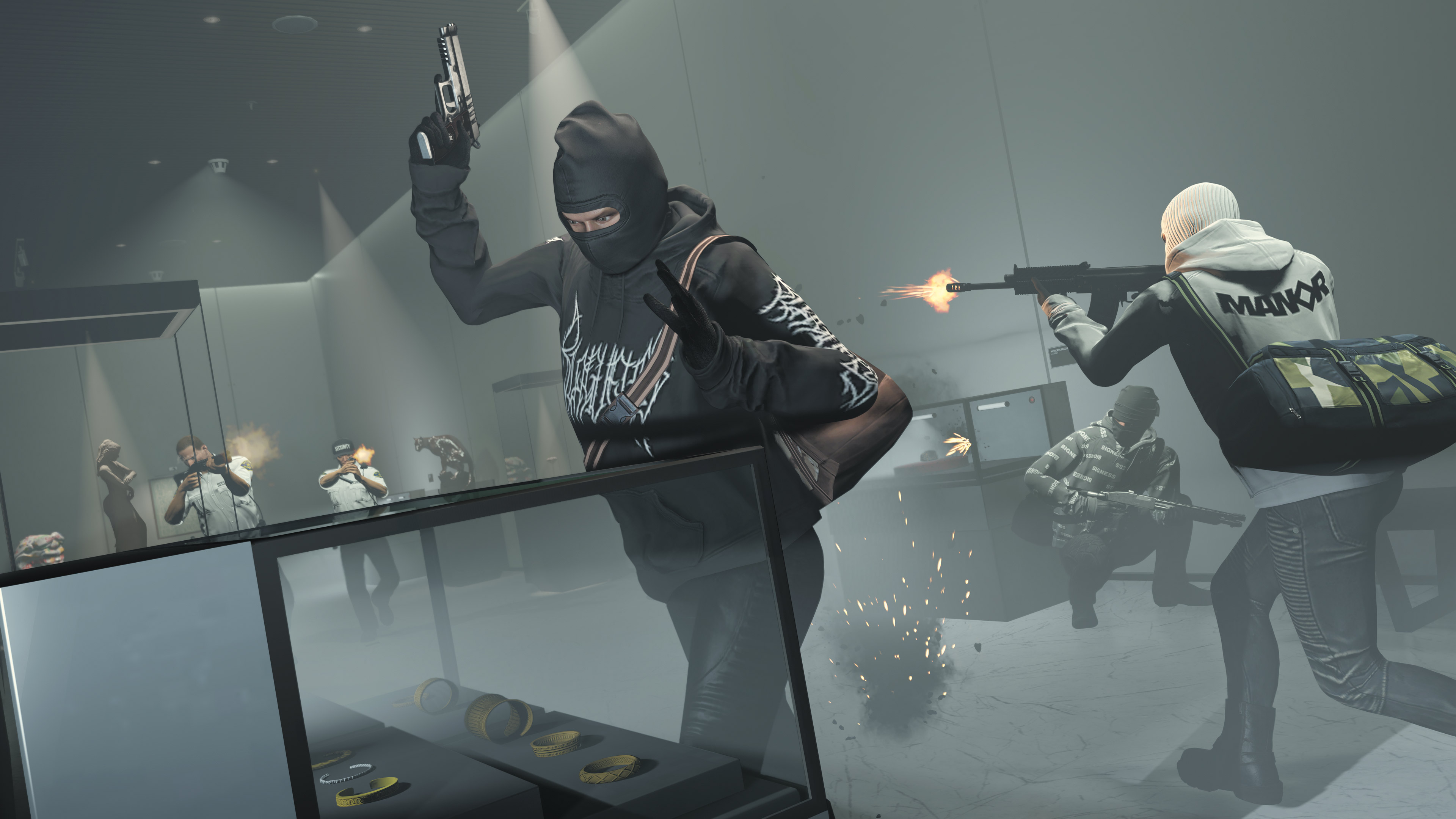 In a room of trinkets in glass cases, GTA Online characters are engaged in a shootout with Kortz Center security. 