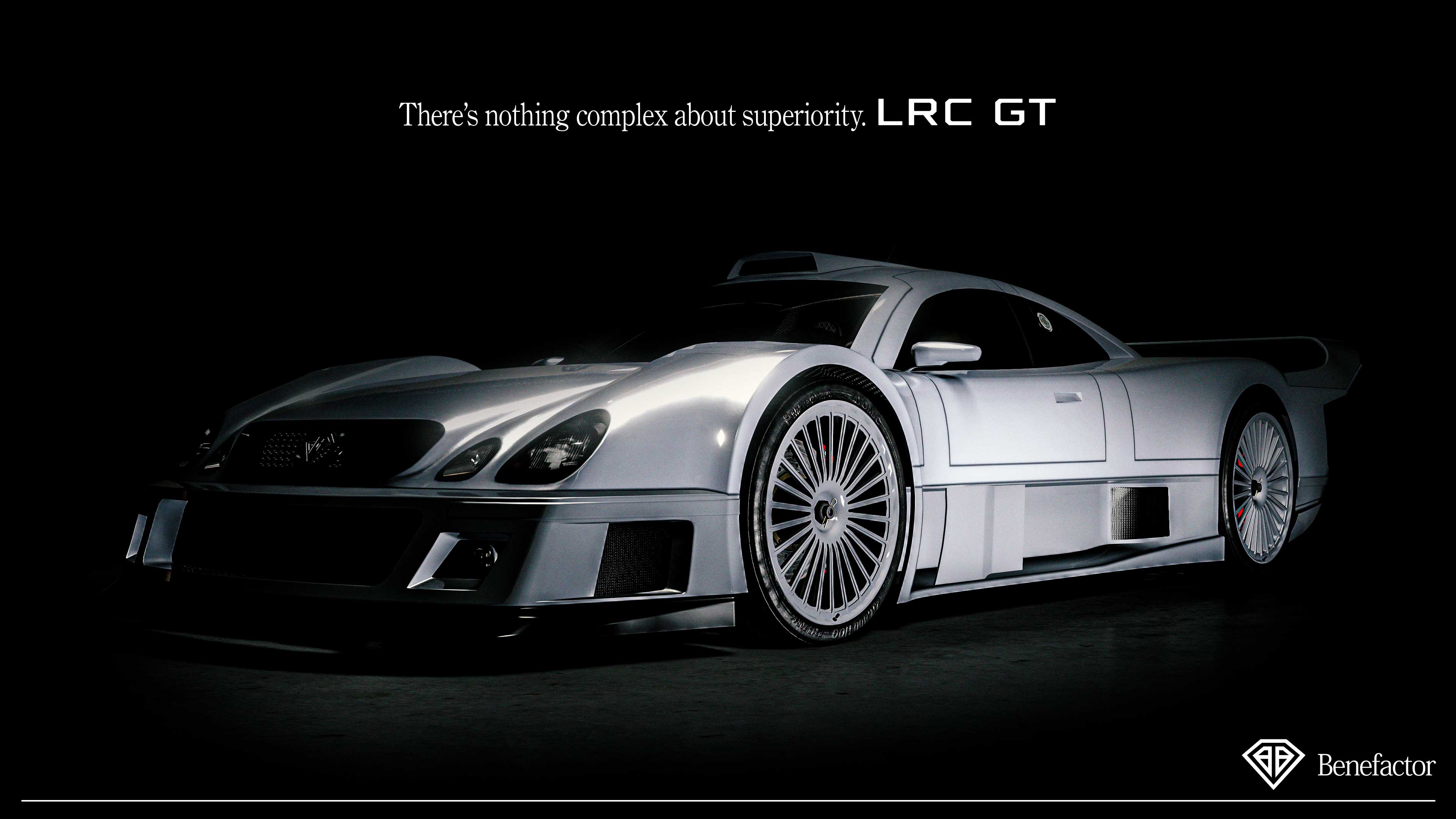 Poster for a silver Benefactor LRC GT car. Text reads: There's nothing complex about superiority. LRC GT. 