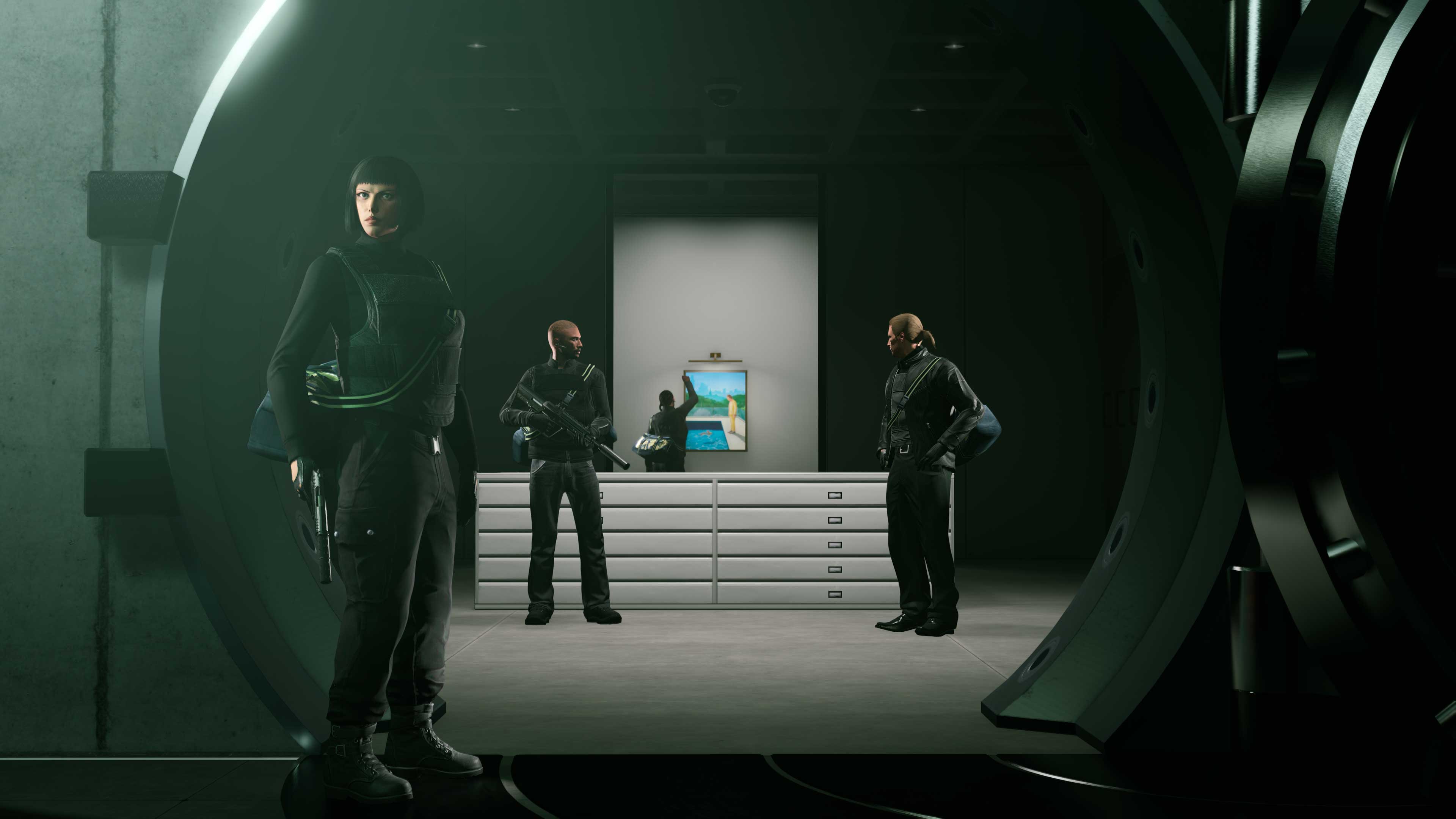 Three GTA Online characters stand watch inside a vault as another works to take down a hung painting. 