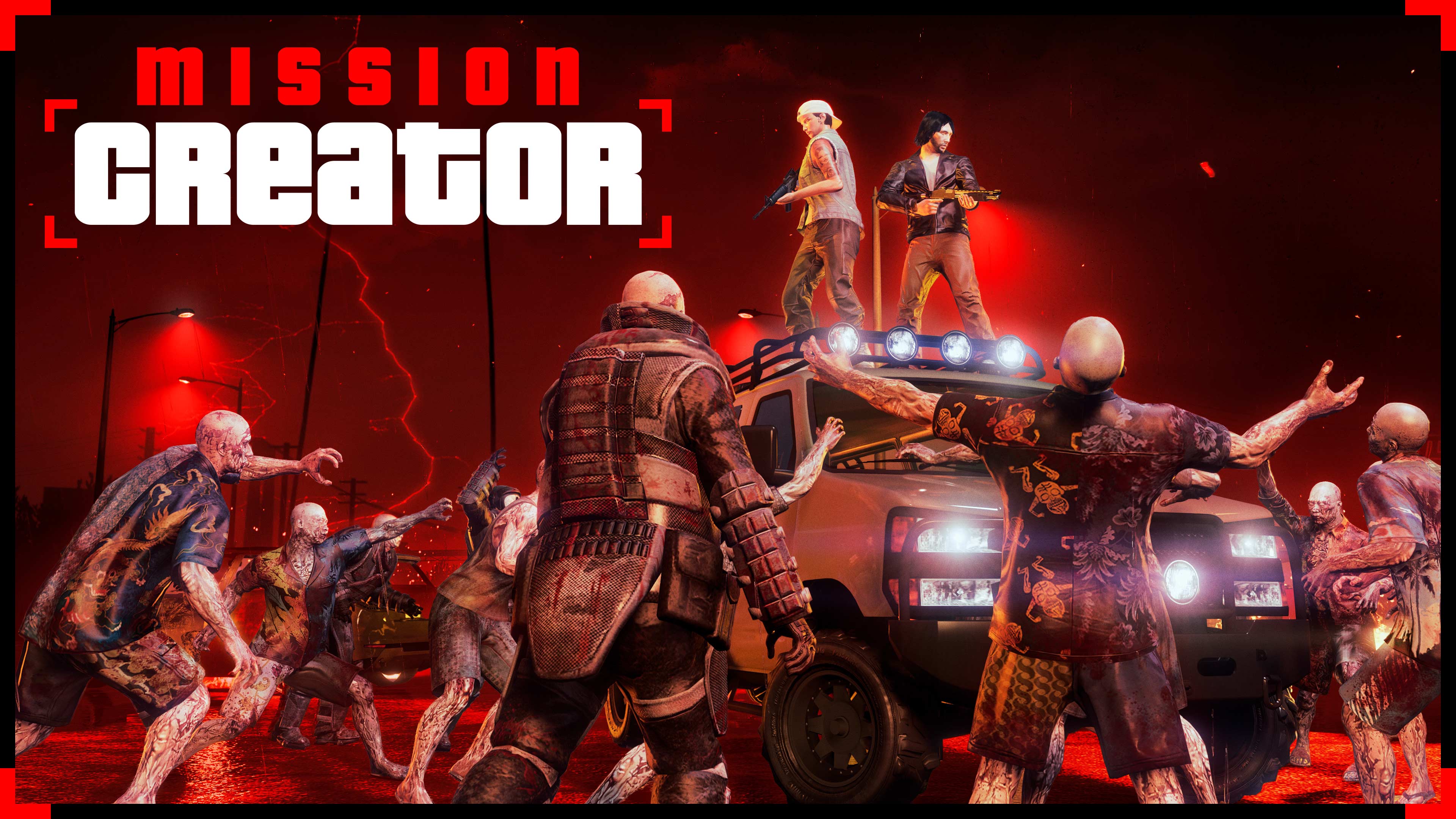 Mission Creator poster featuring two armed GTA Online characters standing atop an armored vehicle, surrounded by undead reaching towards them. 