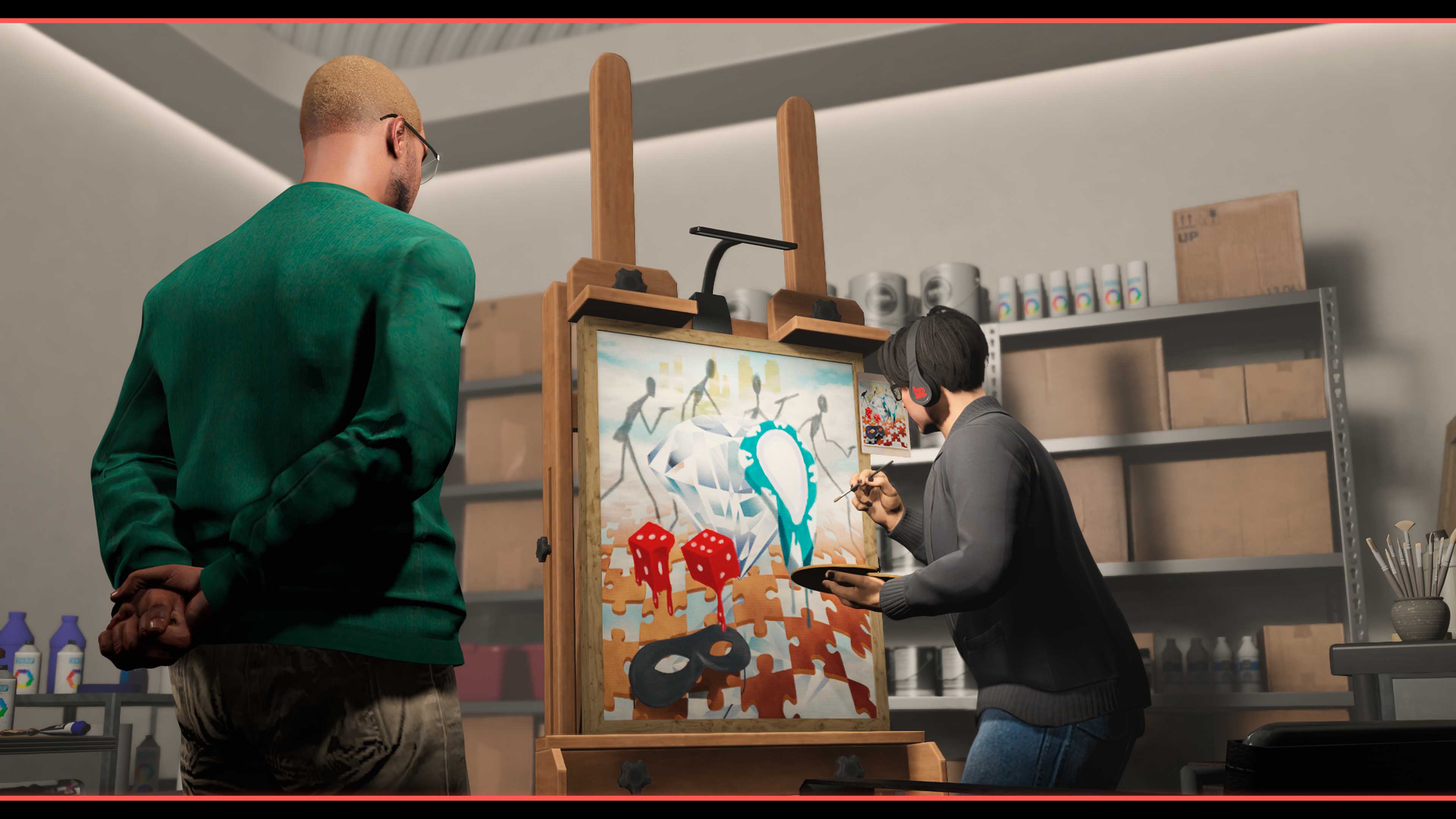 A GTA Online character watching a counterfeiter paint on a canvas inside the Art Studio space. 